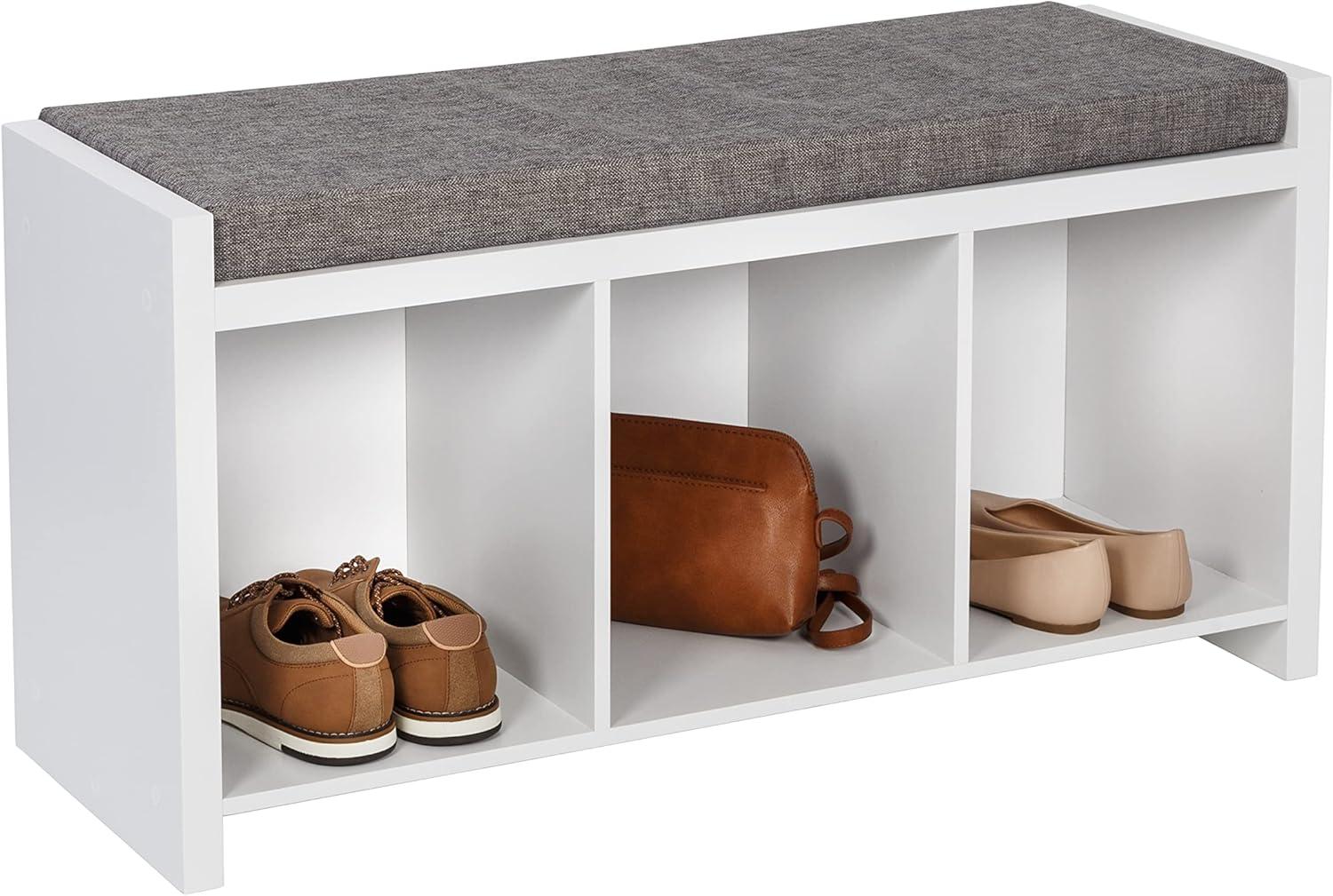 Bright White and Tan Cushioned Storage Bench with 3 Cubbies