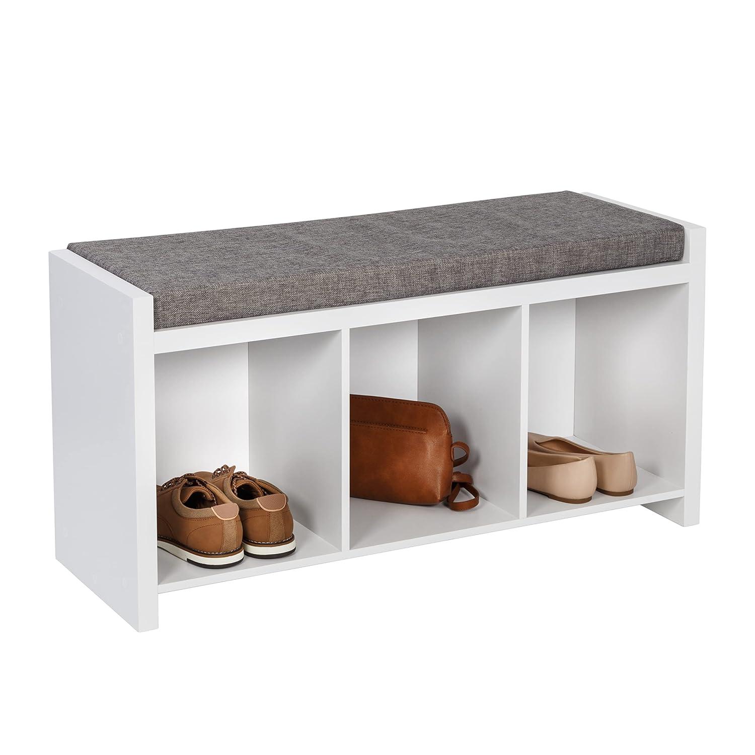 Honey-Can-Do Particle Board 37" W x 18.3" H 3-Cubby Shoe Storage Bench, White/Gray