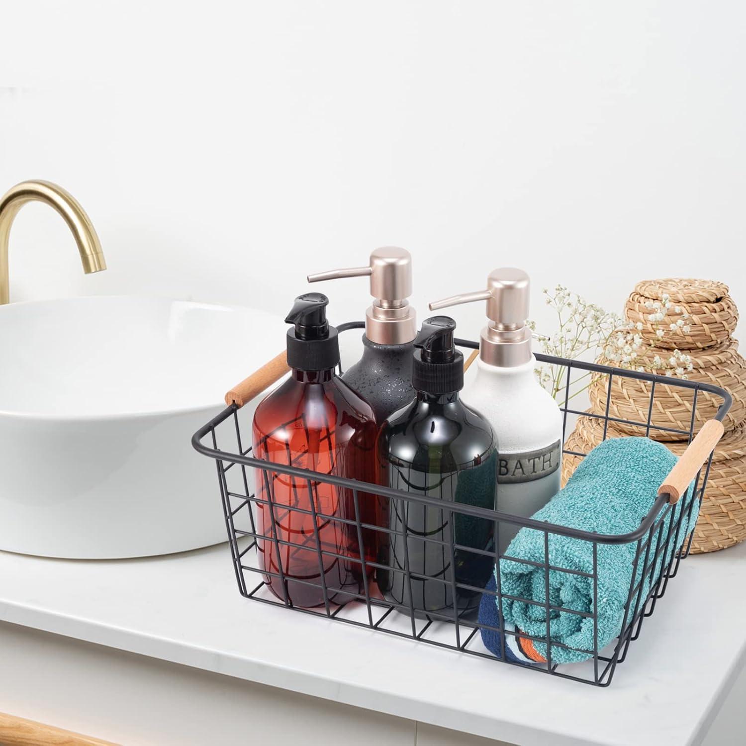 Wire Basket 2 Pcs Wire Storage Baskets Wire Baskets Organizing with Wooden Handles Wire Basket Pantry Organization and Storage Metal Wire Food Storage Basket for Kitchen, Cabinets (White 2PCS)