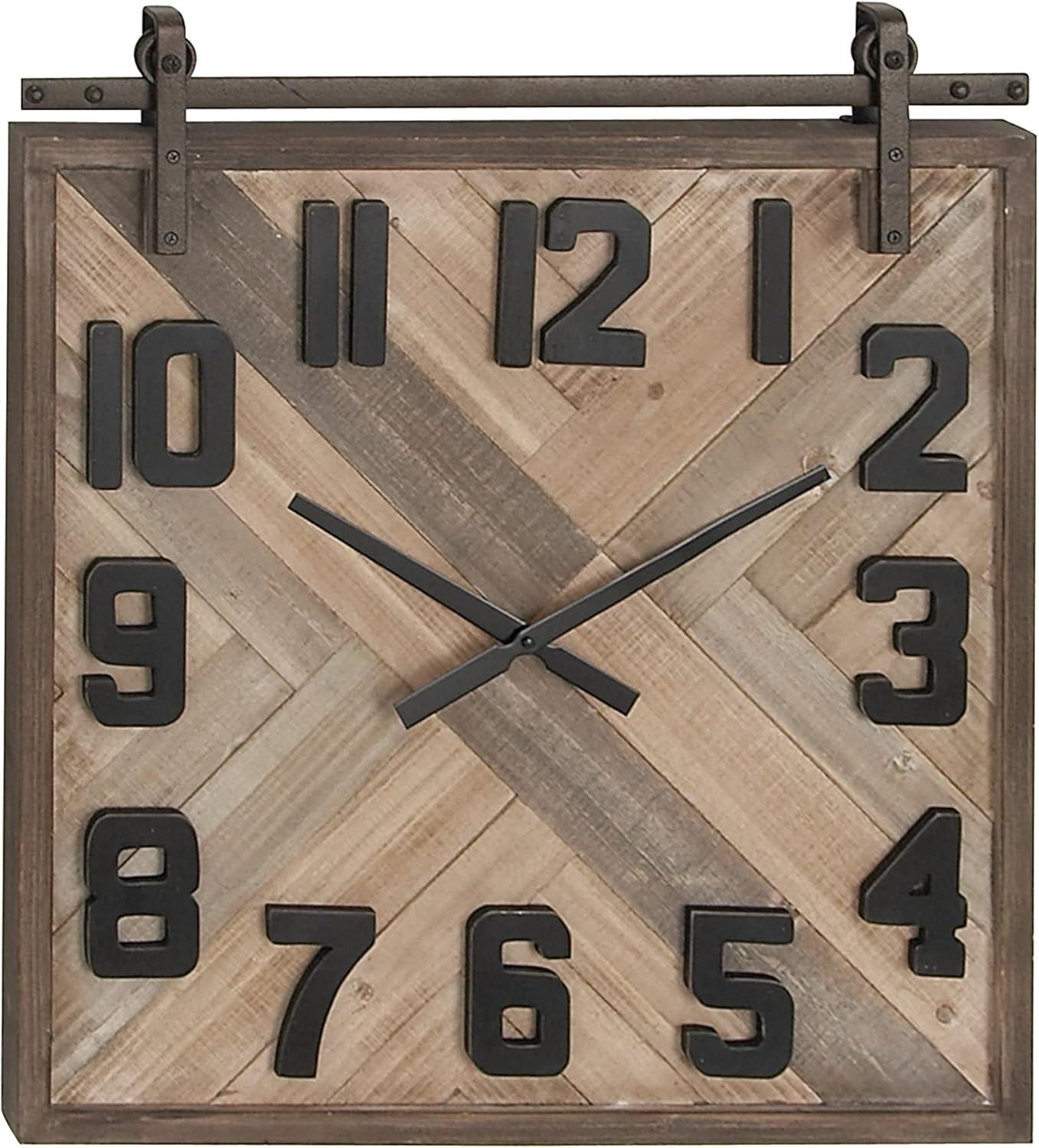 DecMode Industrial Wood Sculpted Wall Clock with Weave Pattern and Brown Finish, 24"W x 27"H