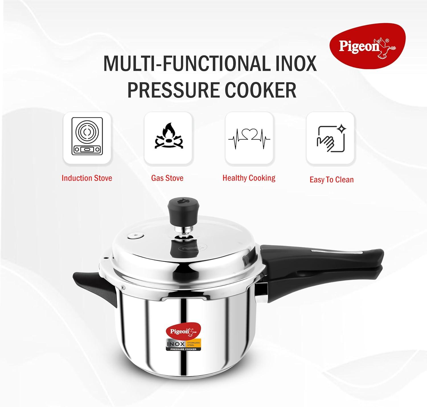 Pigeon Pressure Cooker - 3 Quart - Inox Stainless Steel Outer Lid Induction Base - Cook delicious food in less time: soups, rice, legumes, and more - 3 Liter