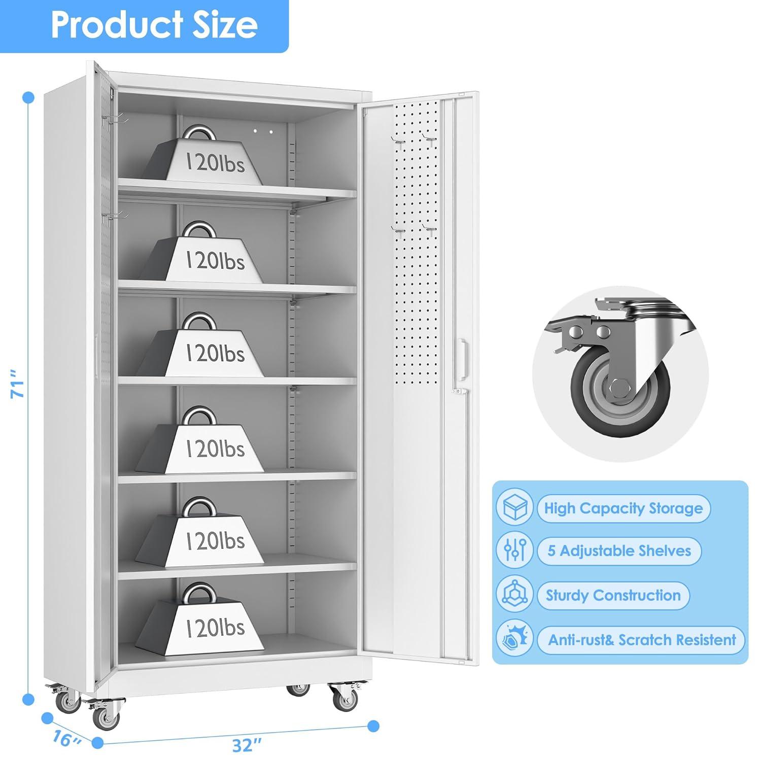 AOBABO 72 Inch Locking Metal Garage Home Office Storage Cabinet with Universal Rubber Wheels/Lockable Casters and Magnetic Doors, White