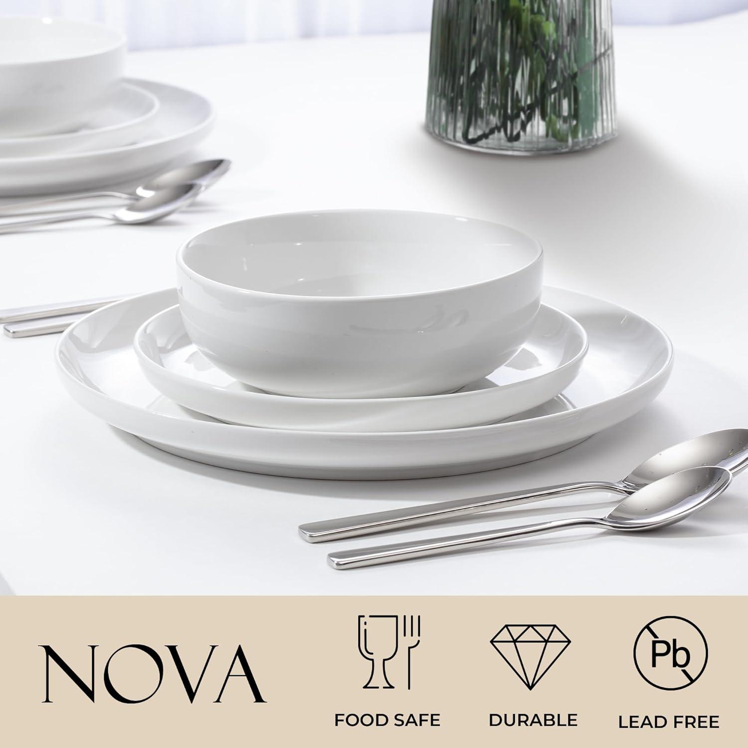 Zulay Kitchen Nova Porcelain Dinnerware Set, Service For 4 - Chip & Scratch Resistant White Plates And Bowls Sets - Microwave & Dishwasher Safe - White