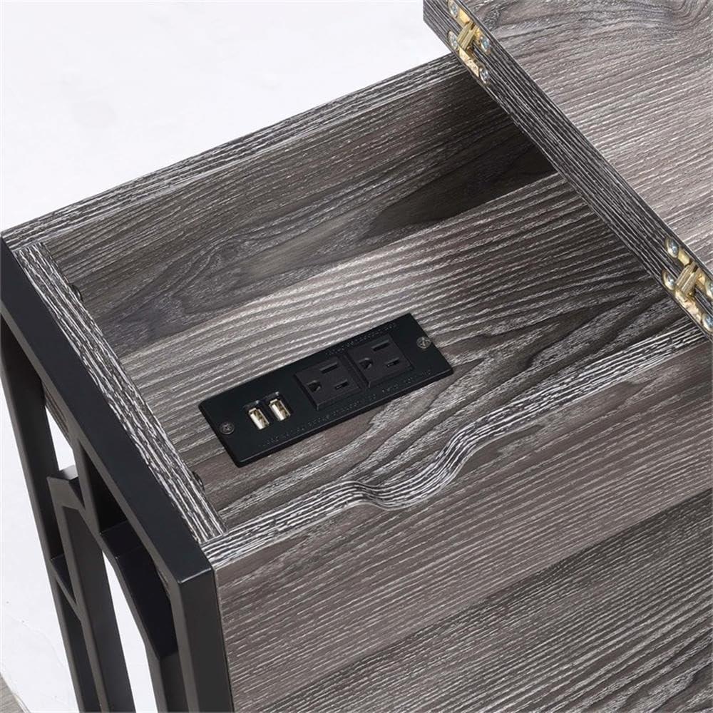 24 in. Omega Flip Top End Table with Charging Station, Weathered Gray Wood & Black