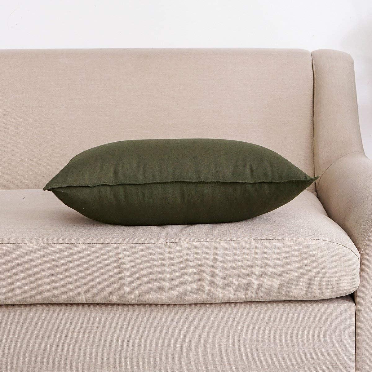 Jeanerlor Cotton Linen Square Decorative Throw Pillow Case Cushion Cover with Twin Needles Stitch on Edge, 12"x20"(30 x 50cm), 2 Pcs, Olive Green