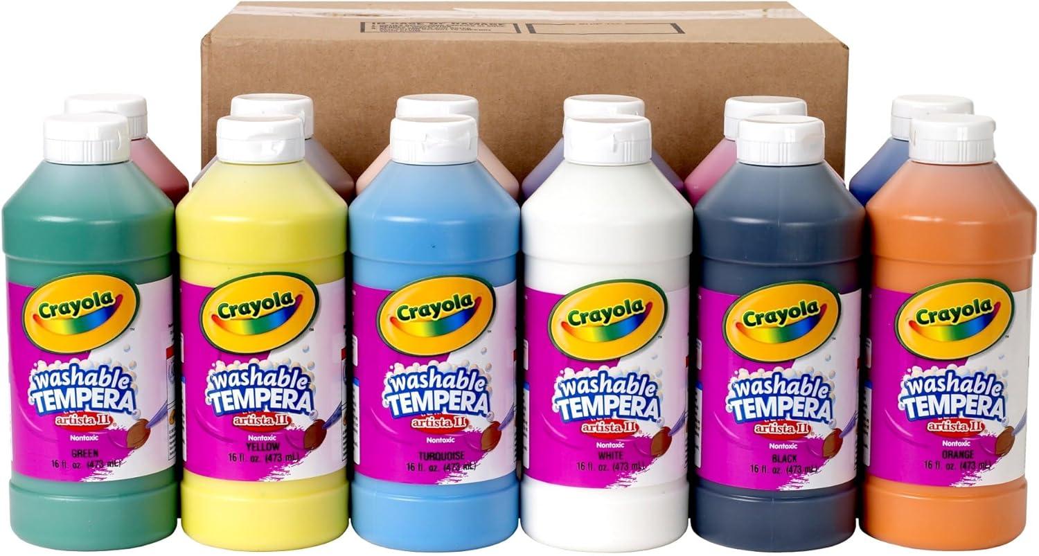 Crayola Artista II Washable Tempera Paints, Pint, Assorted Colors, Set of 12