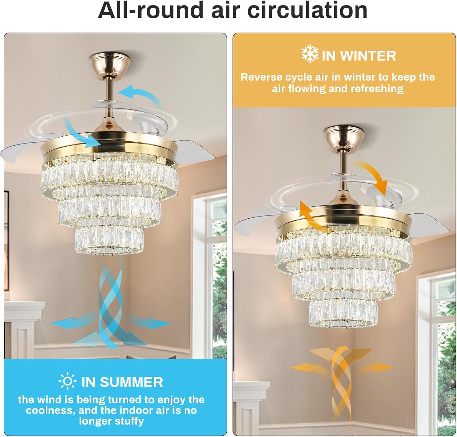 HOOMEDELIER 42" Chandelier Ceiling Fan with Remote, Crystal Beads Framed Fan with 4 Retractable Blades Smart Indoor Fandelier Fan