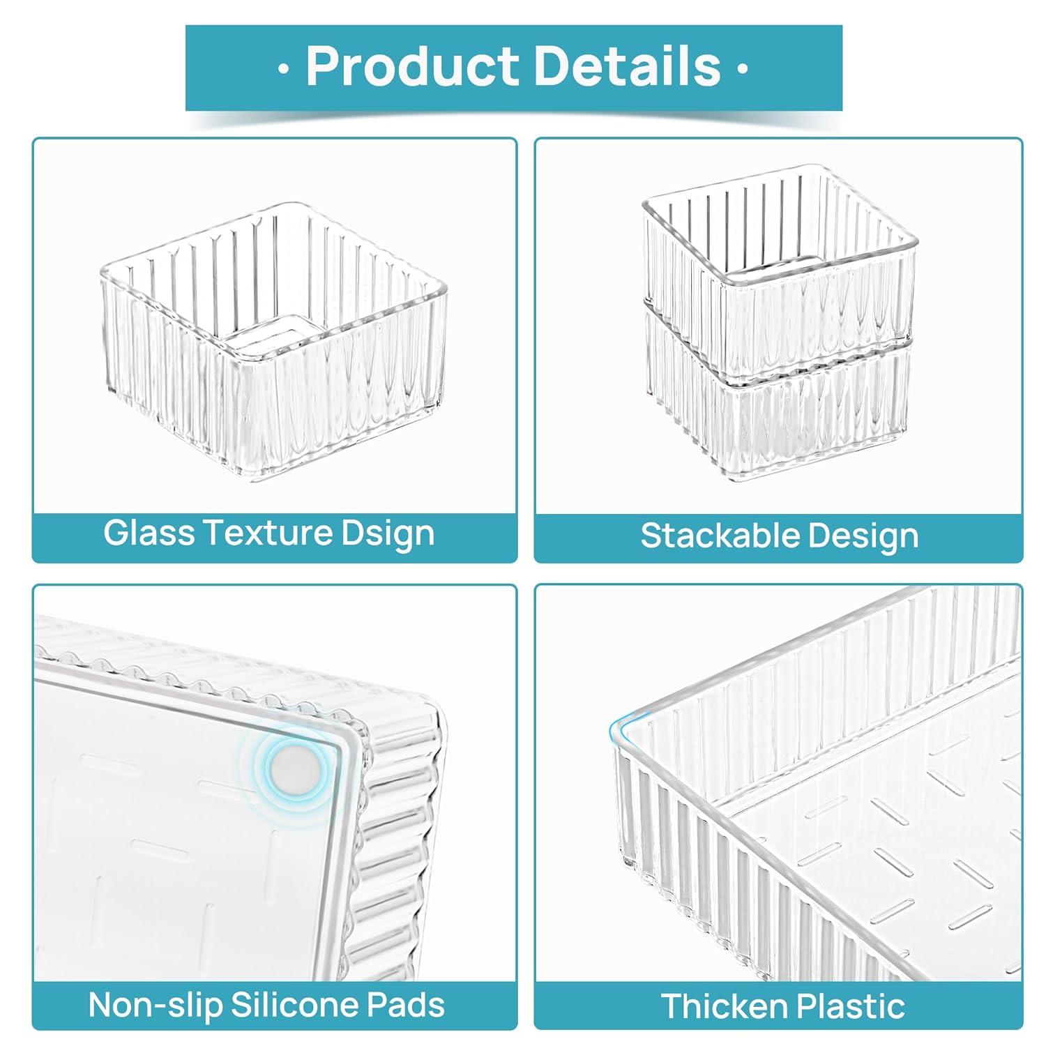 Hokku Designs 7 PCS Clear Drawer Organizers Bins, 4-Size Stackable Makeup And Vanity Drawer Organizer Trays, Acrylic Bathroom Drawer Storage Containers