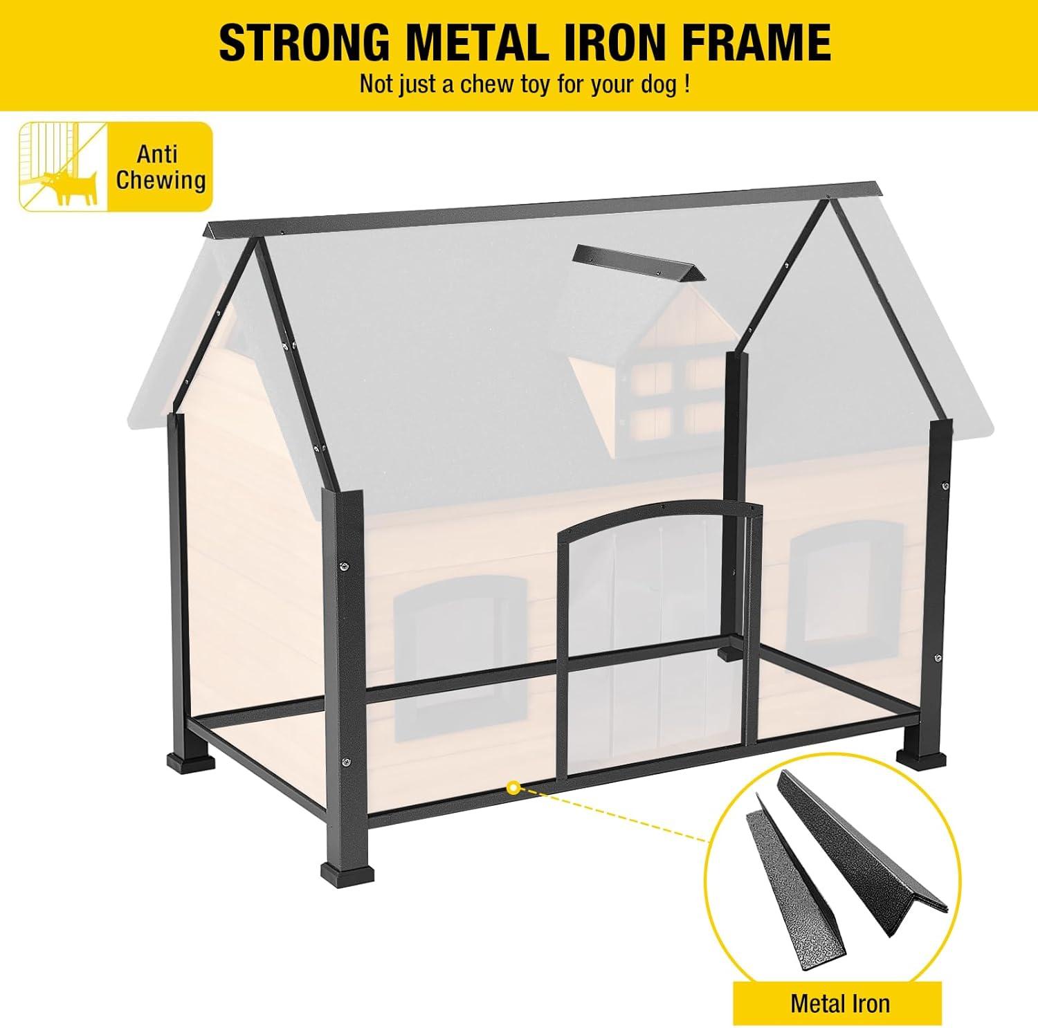 Archie & Oscar™ Lyndhurst Insulated Outdoor Dog House with Insulated Liner, Anti-Chewing Iron Frame Wooden Dog Kennel with Unique Design Roof, Weatherproof Dog House for Outdoor Indoor
