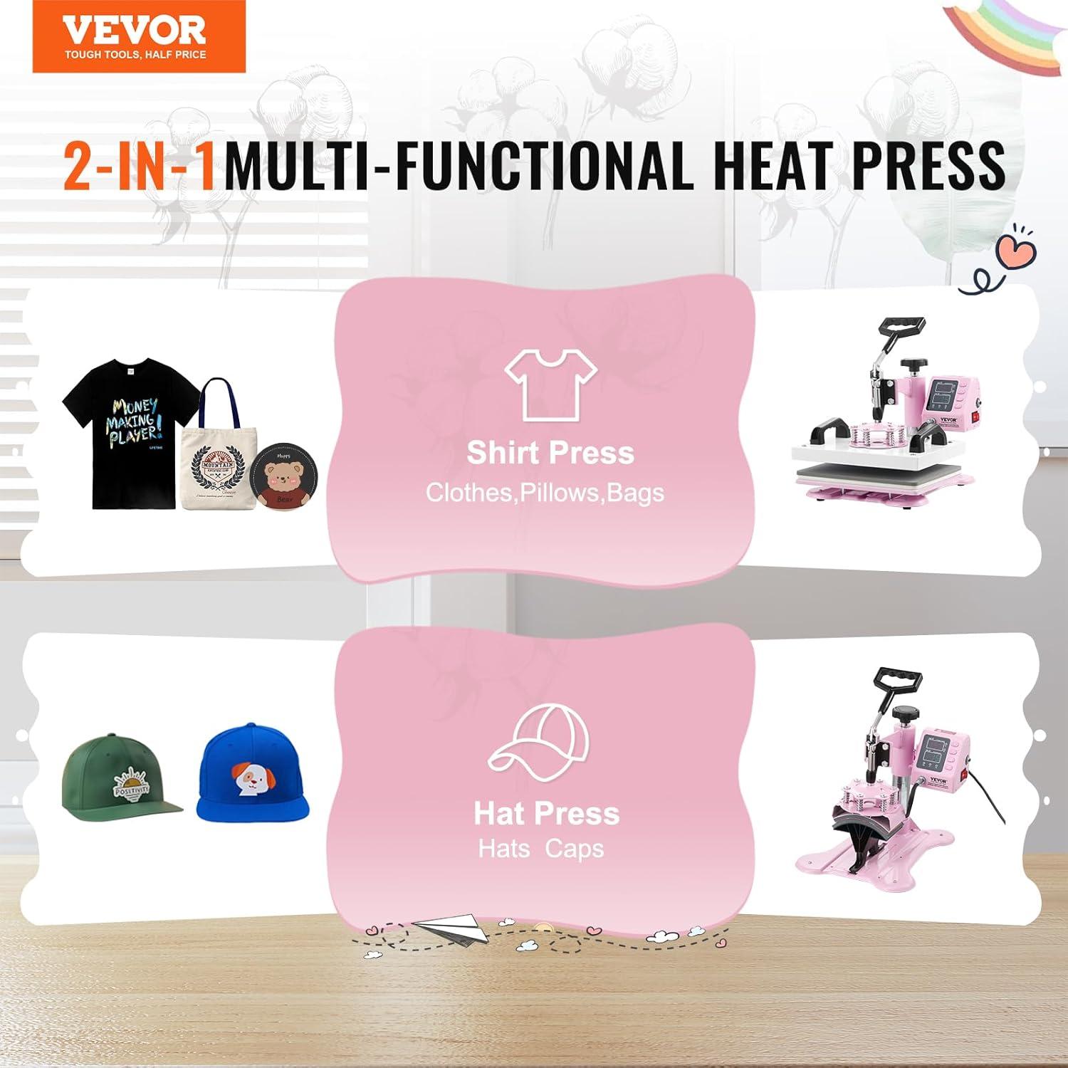 VEVOR Heat Press Machine 15x15 inch, Heat Press Machine for T-Shirts, 5 in 1 Heat Press with 30 OZ Tumbler Press, Combo Tumbler Heat Press Machine Sublimation for Hat Cap Mug Plate, Pink