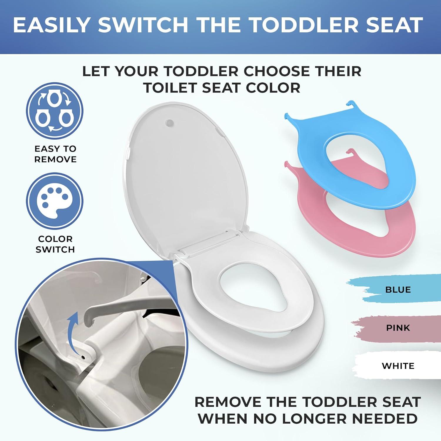 Elongated White Family Toilet Seat with Blue and Pink Toddler Attachments