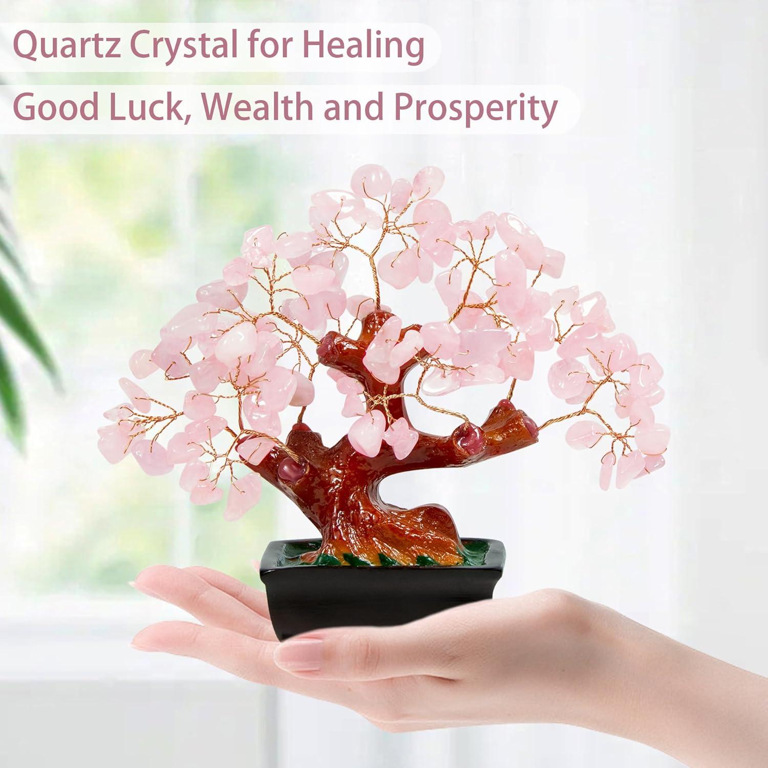 Feng Shui Natural Rose Pink Quartz Crystal Money Tree Bonsai Style Decoration for Wealth and Luck