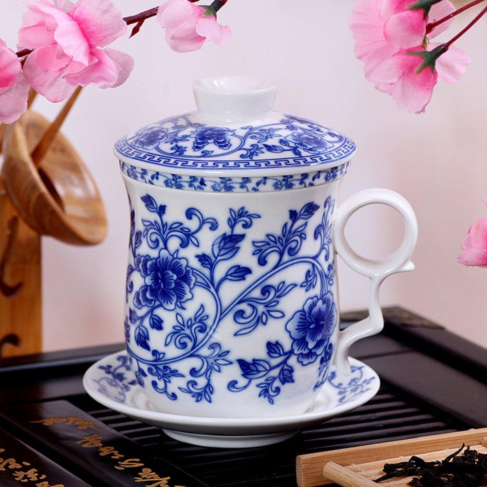 Porcelain Tea Cup with Infuser Lid and Saucer Sets - Chinese Jingdezhen Ceramics Coffee Mug Teacup Loose Leaf Tea Brewing System for Home Office