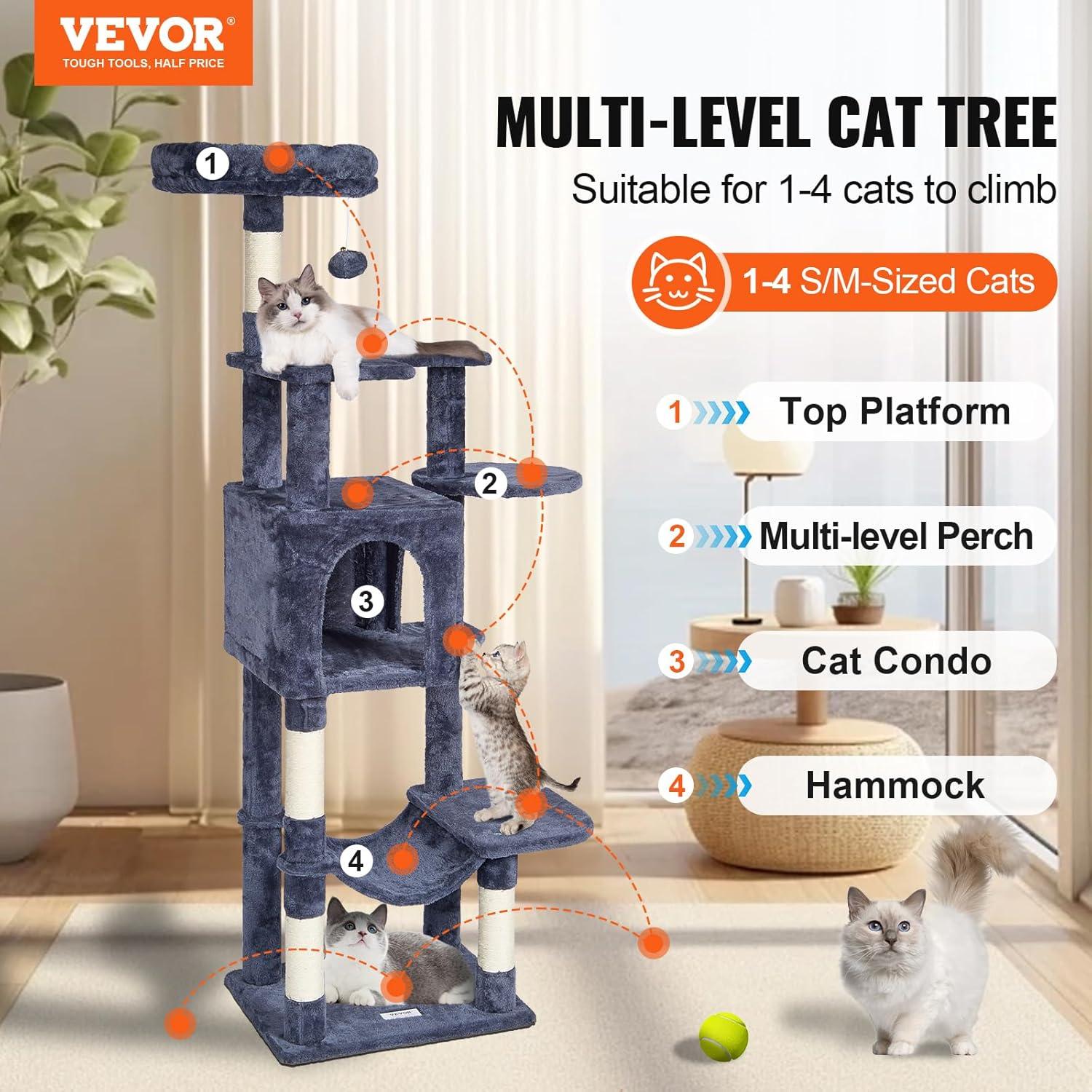 Dark Grey 60.6'' Sisal Cat Tree with Hammock and Condo