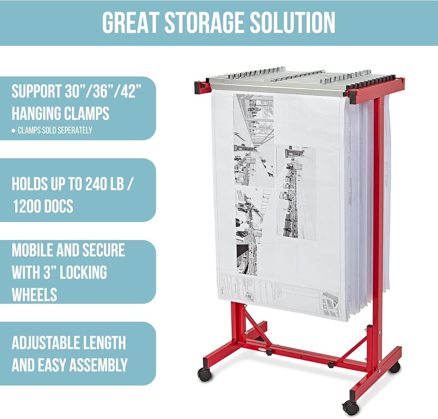 Red Heavy Gauge Steel Mobile Blueprint Rack with Adjustable Width