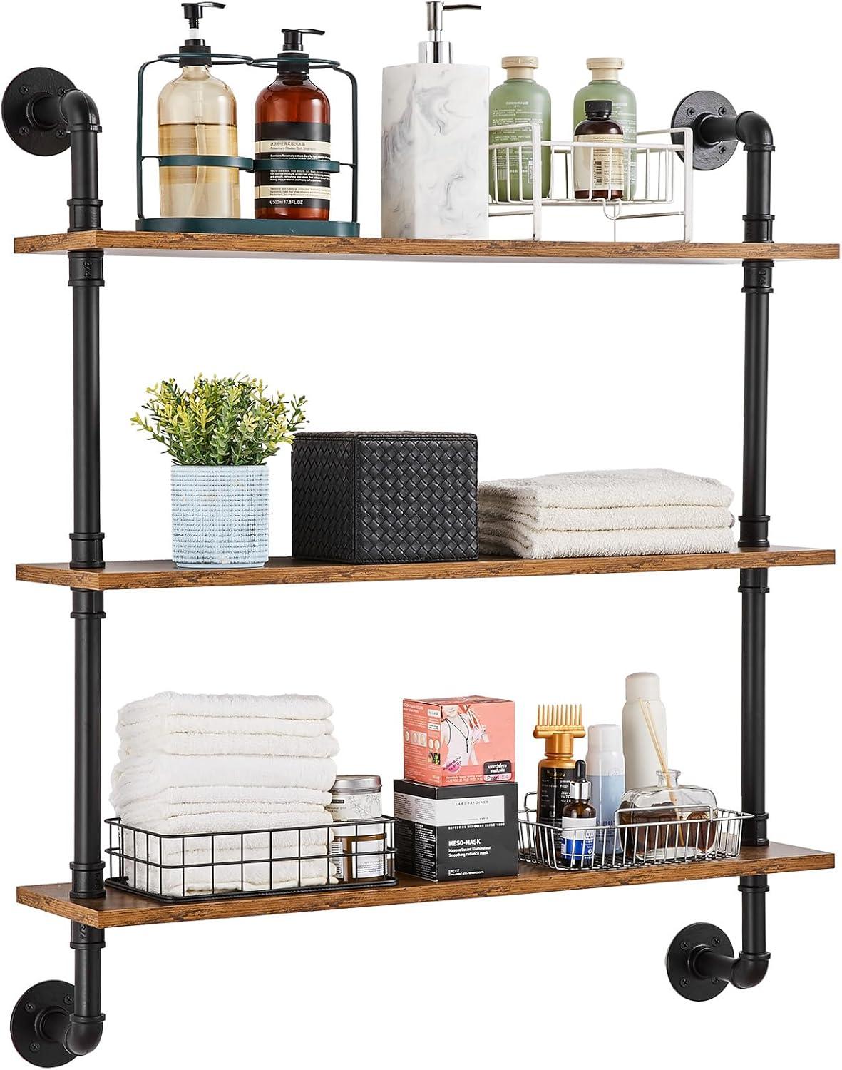 VEVOR Industrial Pipe Shelf, 3 Tier 32x7.87in, Wall-Mount Floating Rustic Wood Shelves Bracket Display Bookshelf, Storage Rack Sundries Holder for Kitchen Bedroom Bathroom Living Room, Black