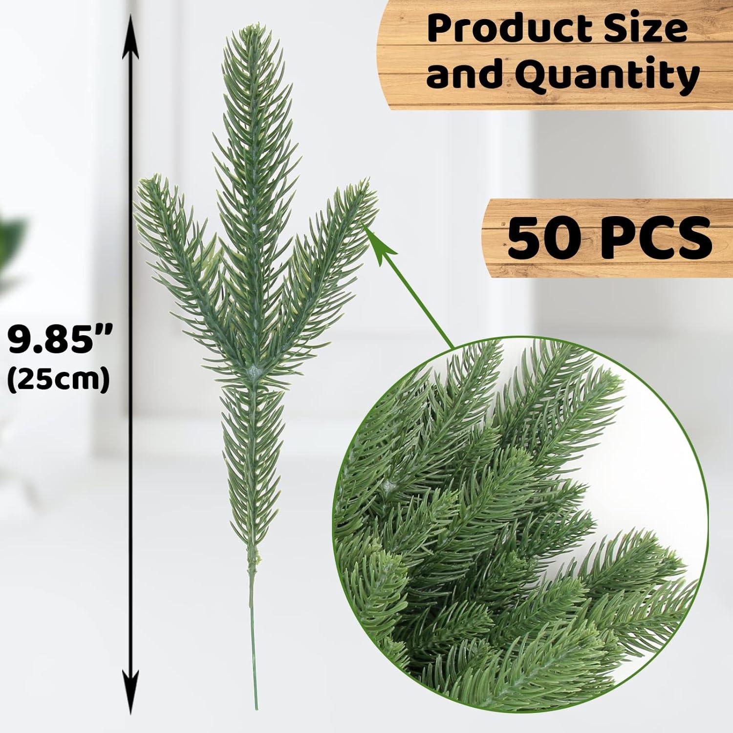 50 Pcs Artificial Pine Branches Christmas Pine Needles Green Plants Fake Greenery Pine Picks Christmas Decorations for DIY Garland Wreath Xmas Embellishing and Home Garden Decoration