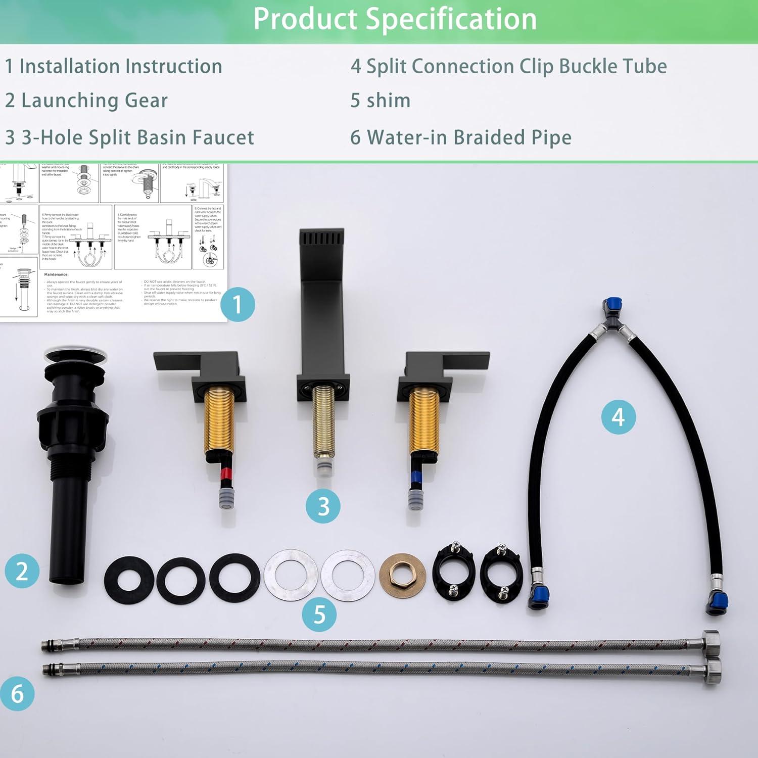 Waterfall Bathroom Sink Faucet, 3 Holes Two Handles Bathroom Faucet with Pop Up Drain and 2 Water Supply Lines, 8 inch Widespread Bathroom Sink Faucet Matte Black