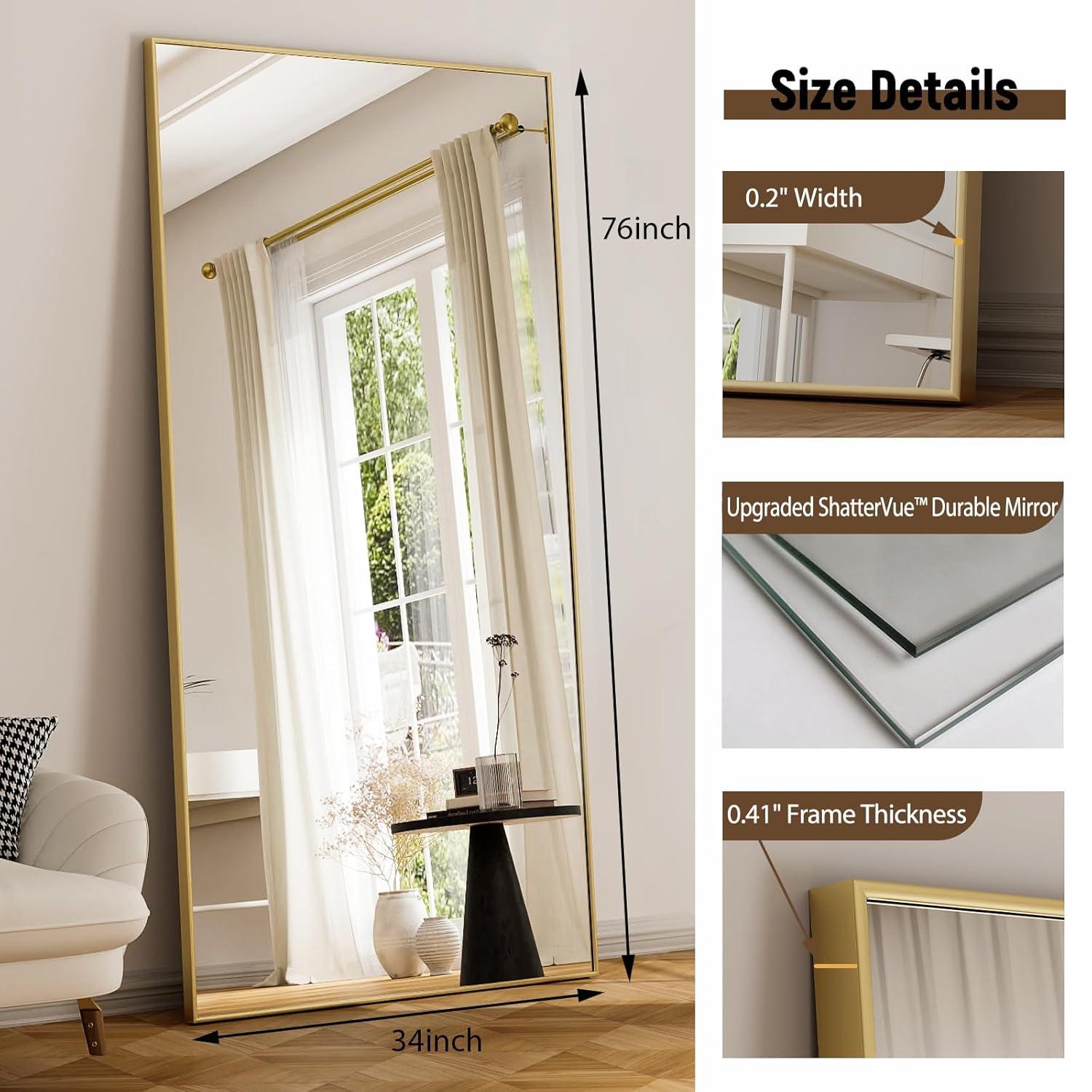 GLSLAND 76"x34" Full Length Mirror Extra Large Hanging or Leaning Rectangle Mirror Aluminum Alloy Thin Frame Bedroom Floor Dressing,Gold