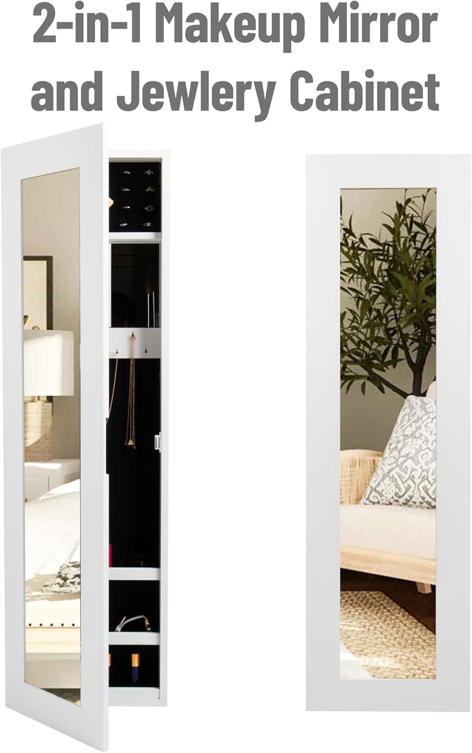 Elegant White Pine Wall-Mounted Jewelry Armoire with Full-Length Mirror