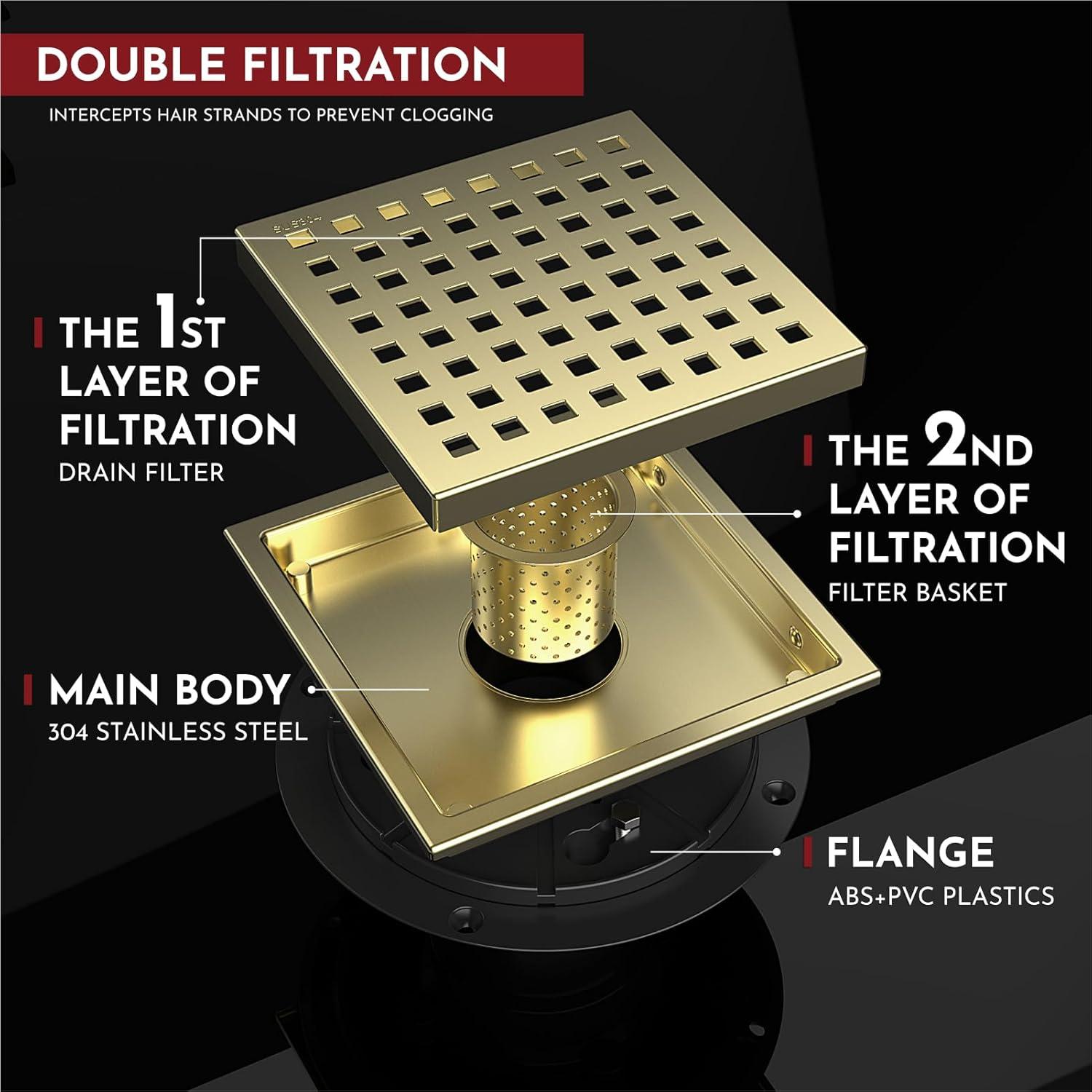 6 Inch Brushed Gold Stainless Steel Square Shower Drain