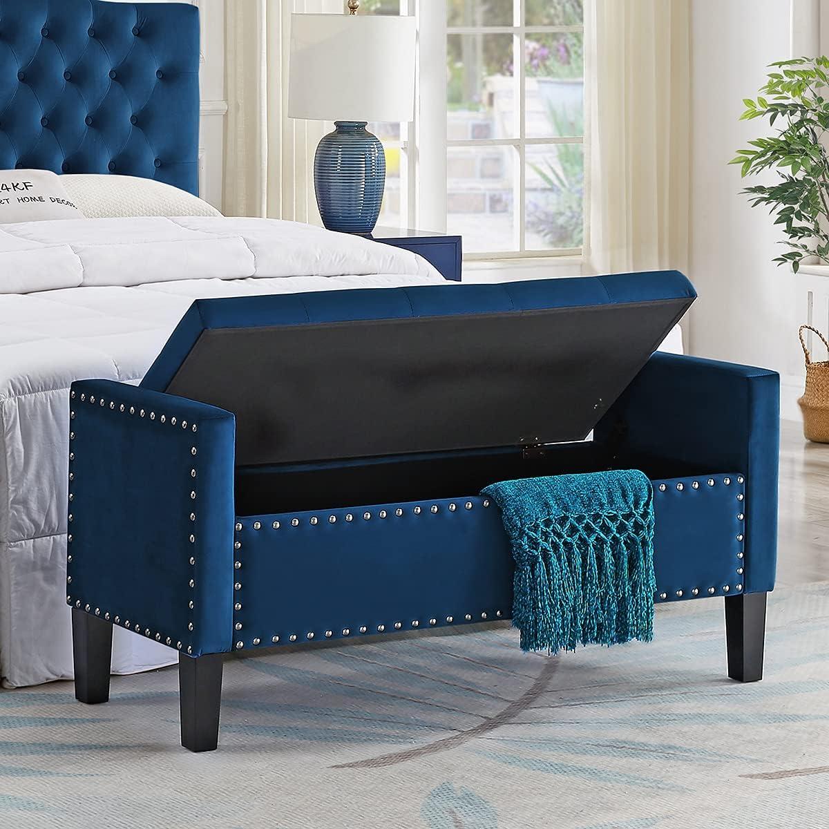 Navy Velvet Tufted Storage Bench with Arms and Nailhead Trim