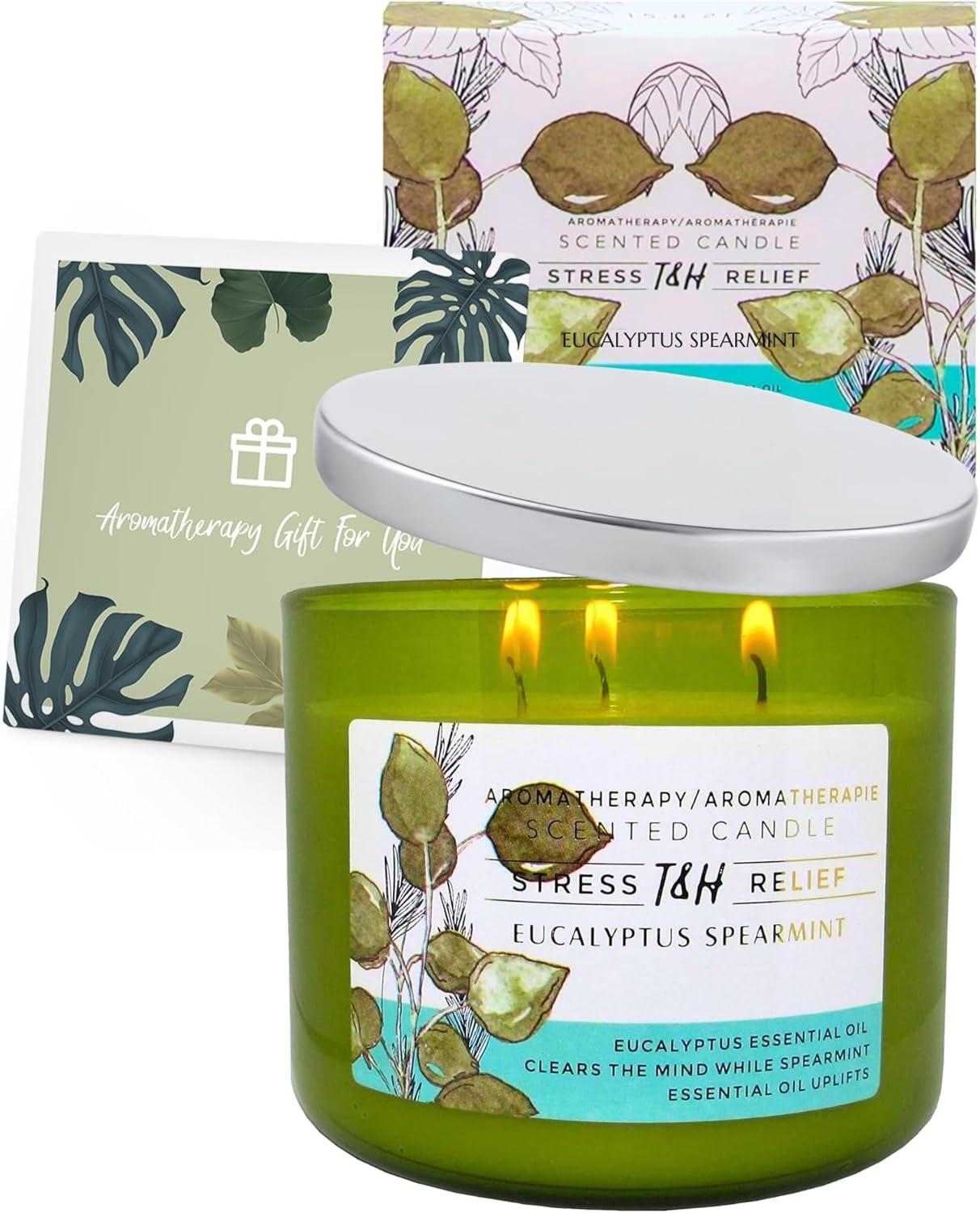 T&H Wholesalers Eucalyptus Spearmint Scented Soy Candle 3 Wick Aromatherapy Candle for Women and Men