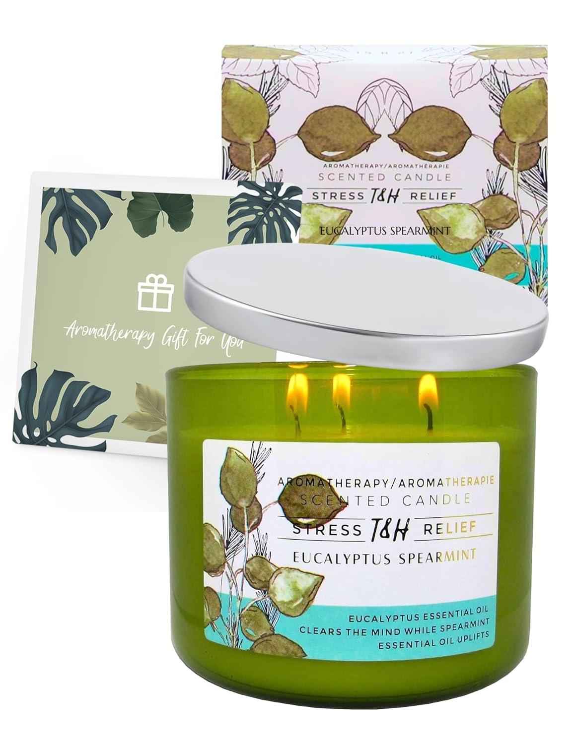 T&H Wholesalers Eucalyptus Spearmint Scented Soy Candle 3 Wick Aromatherapy Candle for Women and Men