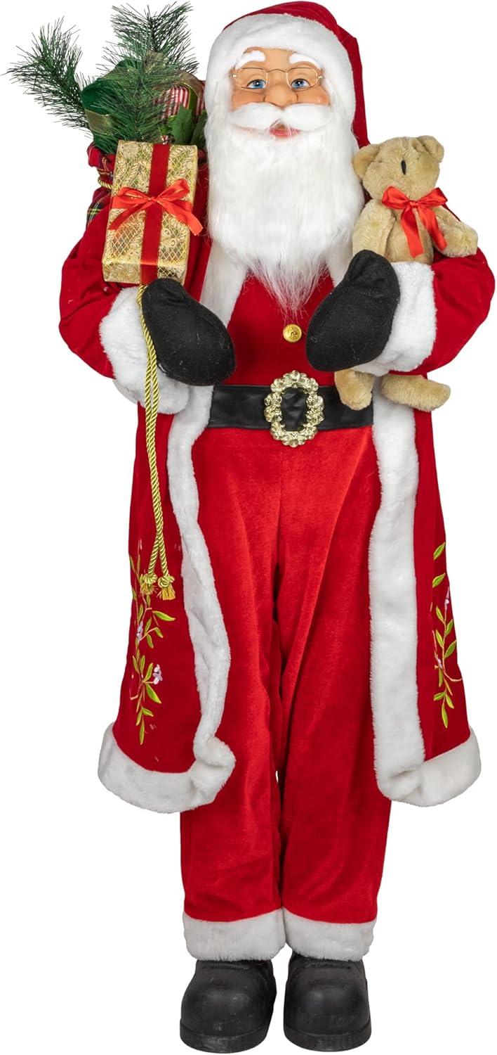 48" Red and White Santa Claus Figurine with Teddy Bear and Gift Sack