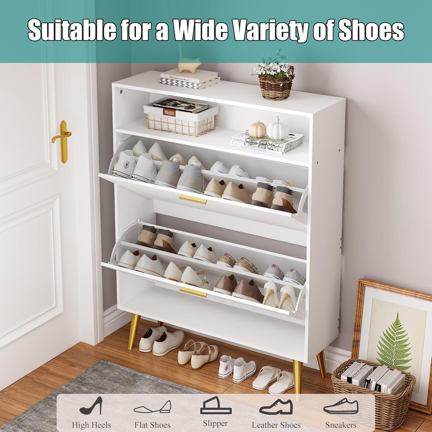 Shoe Cabinet Storage for Entryway  Freestanding Slim Shoe Organizer Cabinet with 2 Flip Drawers  Narrow Shoe Rack with Open Shelves for Hallway  Living Room  White