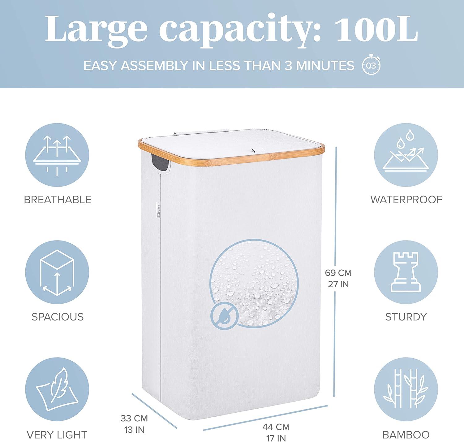 Light Grey Bamboo and Fabric Collapsible Laundry Hamper with Lid