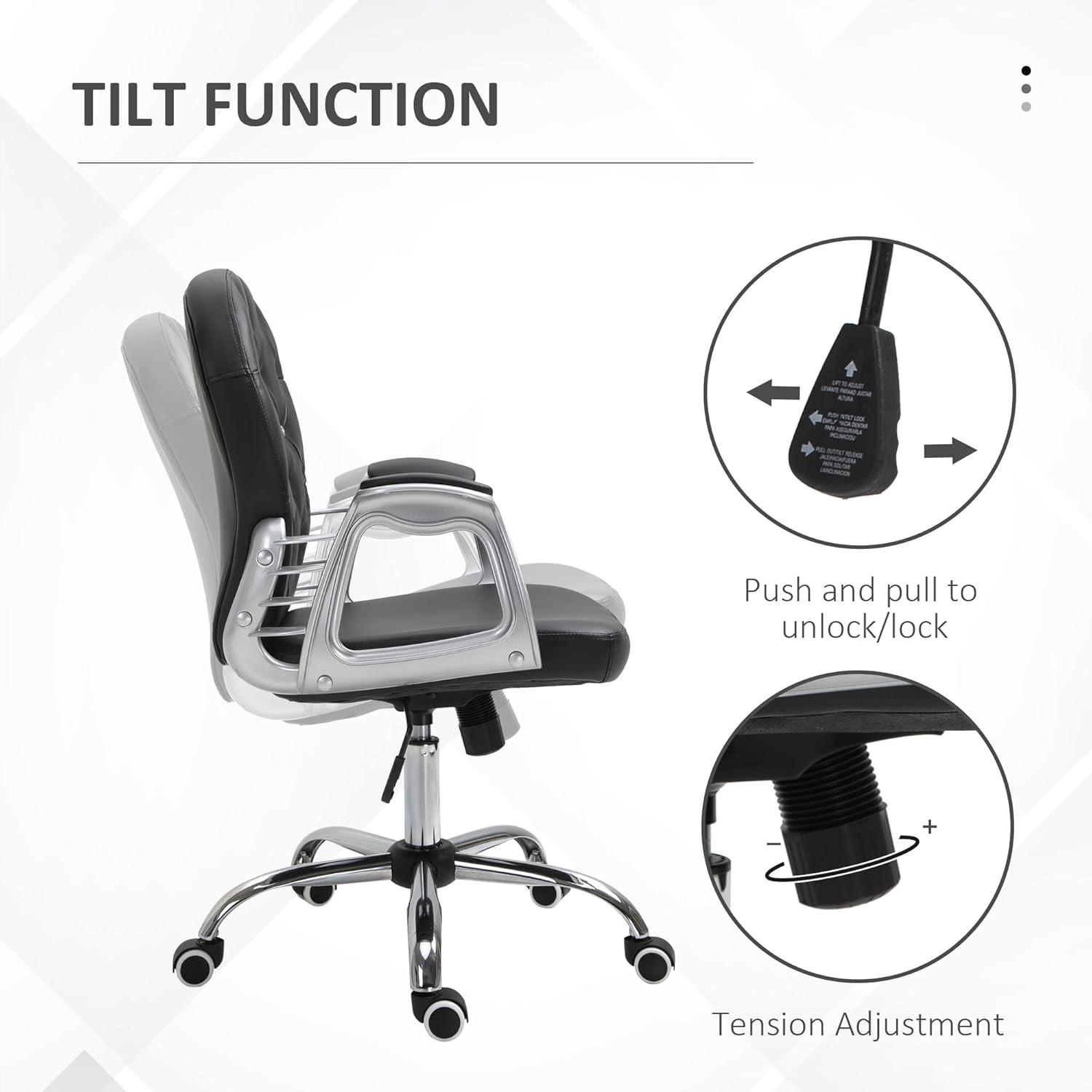 Vinsetto Vanity PU Leather Mid Back Office Chair Swivel Tufted Backrest Task Chair with Padded Armrests, Adjustable Height, Rolling Wheels, Beige