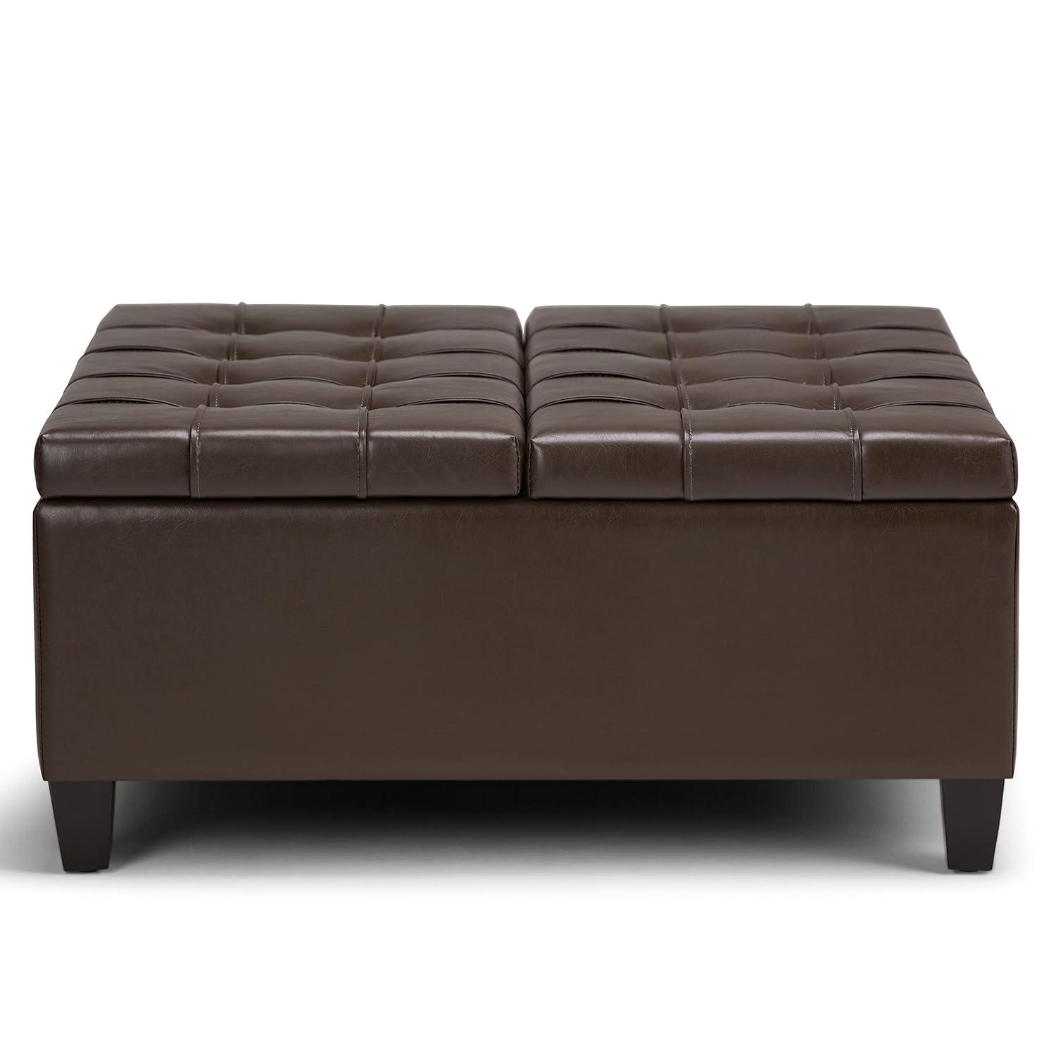 Simpli Home Harrison 36"W Upholstered Square Coffee Table Storage Ottoman with Split Lift Top