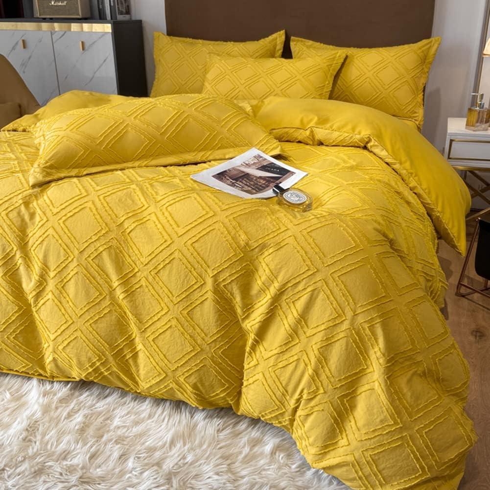 MorroMorn 5 PCS Boho Bedding Sets, Textured Duvet Cover Set, Tufted Comforter Covers, Diamond Jacquard Soft Breathable Neutral for Man Woman Bed Bedroom All Seasons (Yellow, Full/Queen)