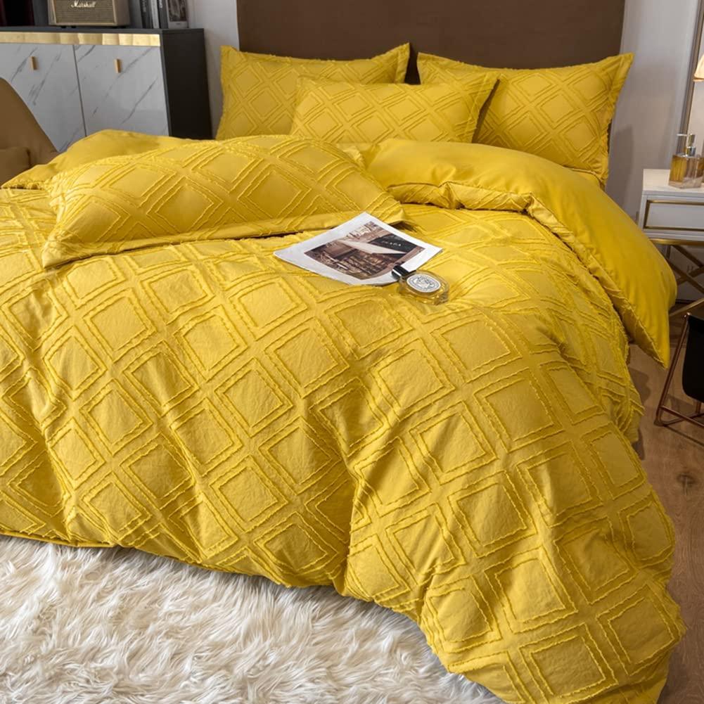 MorroMorn 5 PCS Boho Bedding Sets, Textured Duvet Cover Set, Tufted Comforter Covers, Diamond Jacquard Soft Breathable Neutral for Man Woman Bed Bedroom All Seasons (Yellow, Full/Queen)
