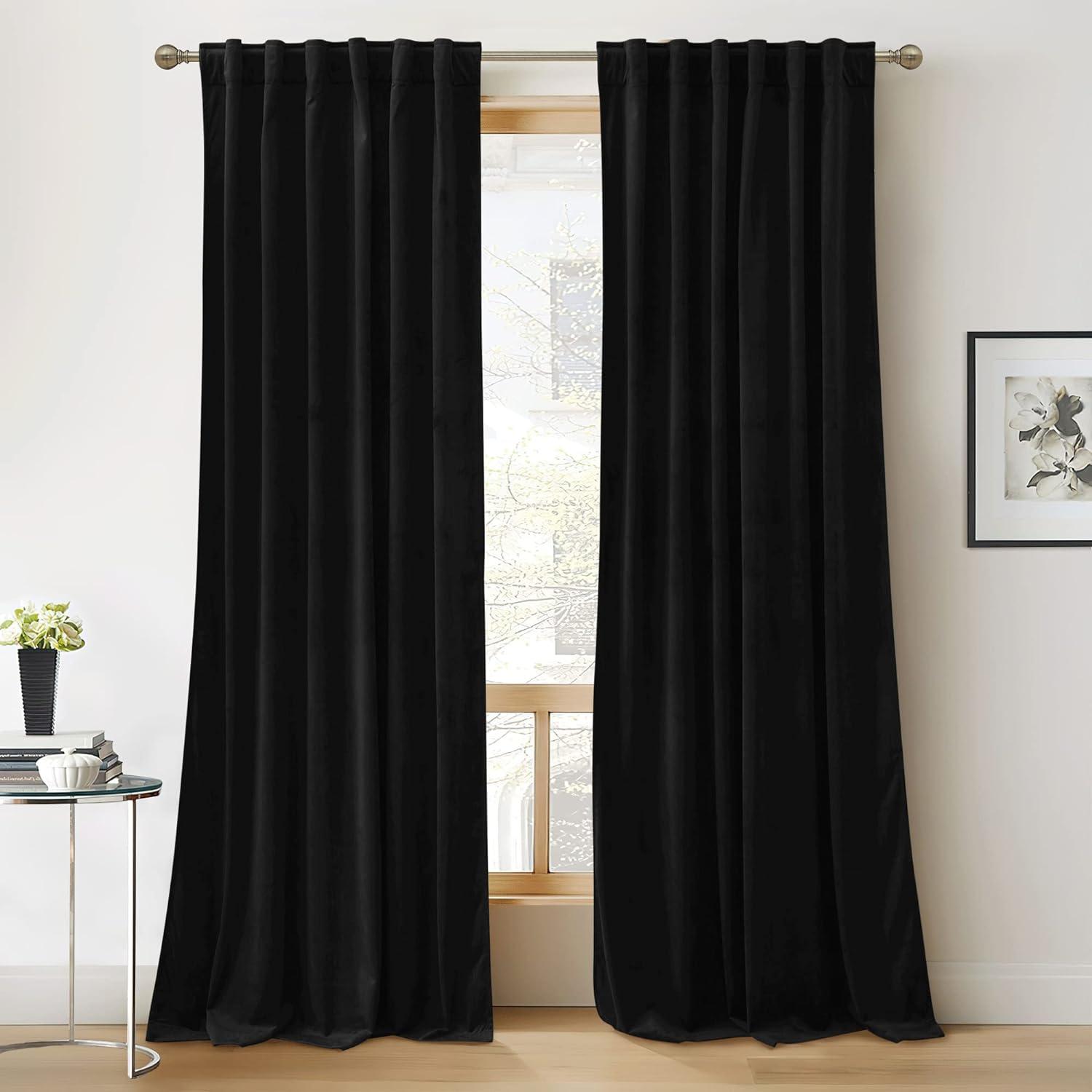 JIUZHEN Black Velvet Curtains for Living Room -96 inches Long Rod Pocket Thermal Insulated Room Darkening Window Drapes for Bedroom, Set of 2 Panels with Tiebacks, 52 x 96 inches