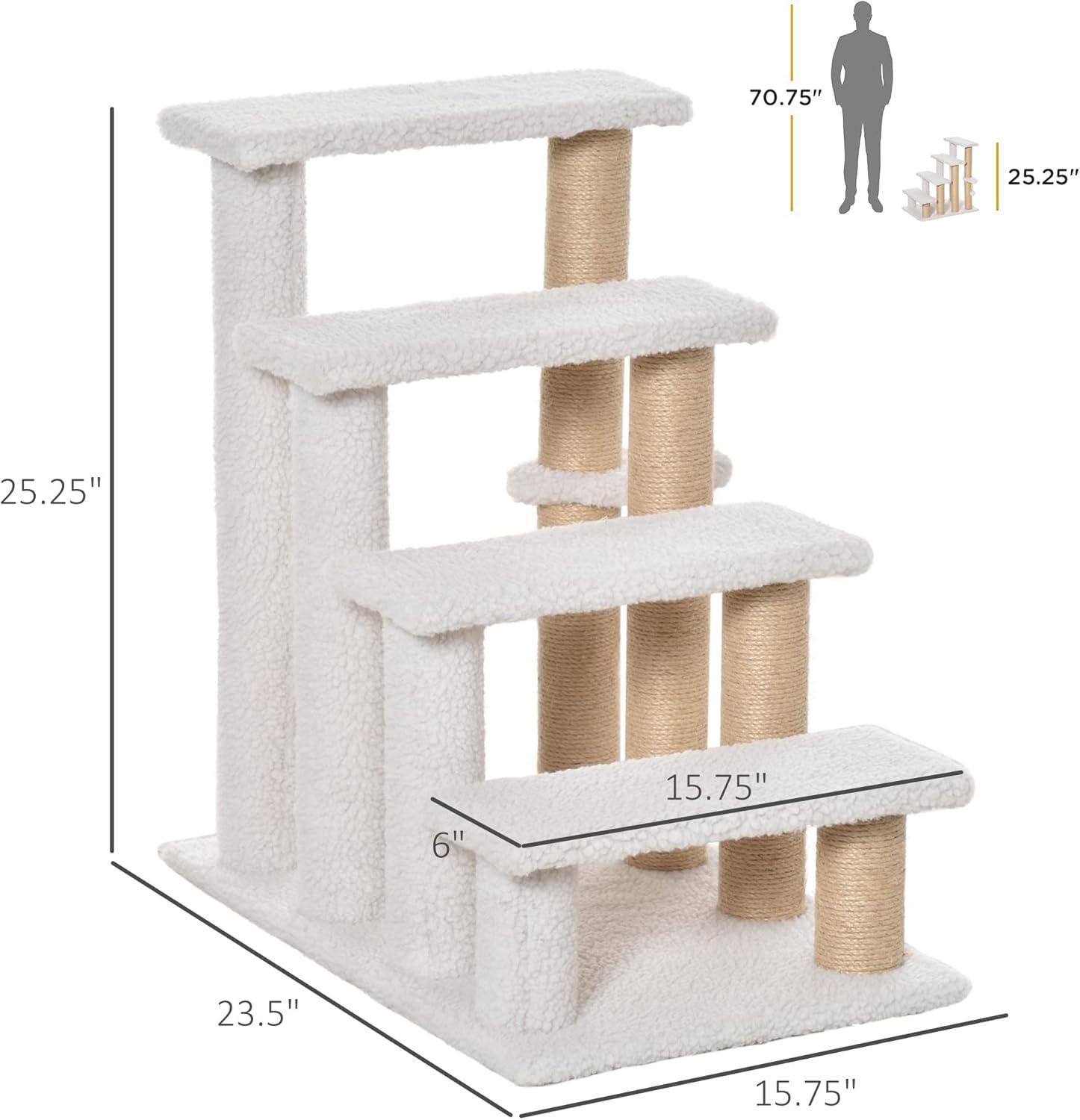 ZHI-22 4 Levels Cat Steps, Pet Stairs Carpeted Ladder, Kitten Tree Climber with Scratching Posts, Hanging Play , Side Step, for High Bed, Sofa, White