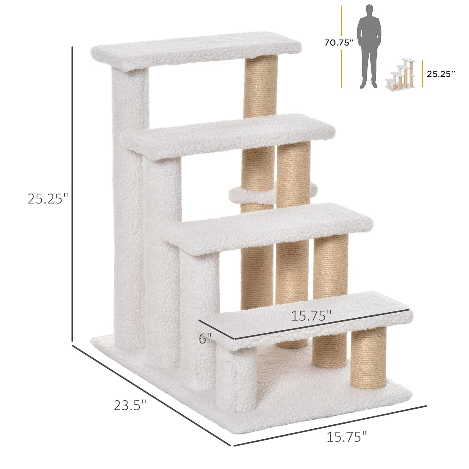 ZHI-22 4 Levels Cat Steps, Pet Stairs Carpeted Ladder, Kitten Tree Climber with Scratching Posts, Hanging Play , Side Step, for High Bed, Sofa, White