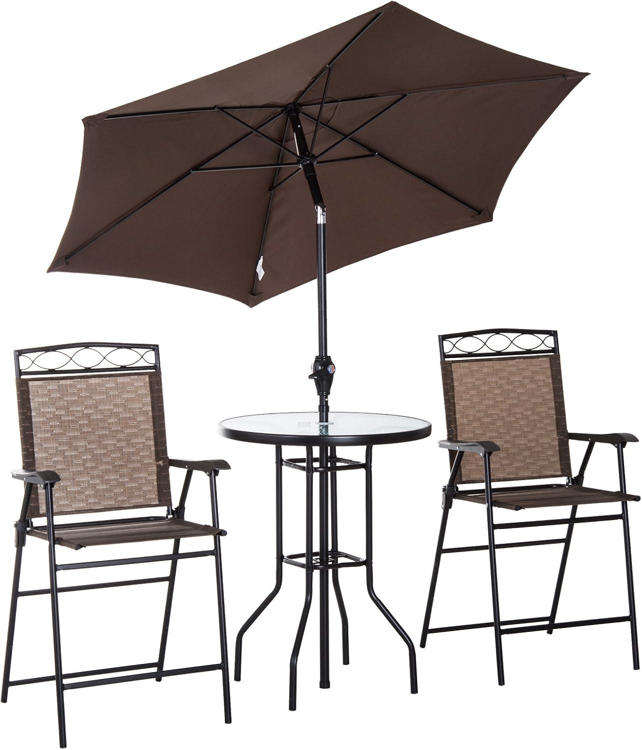 Brown 4-Piece Steel Patio Set with Umbrella and Glass Table