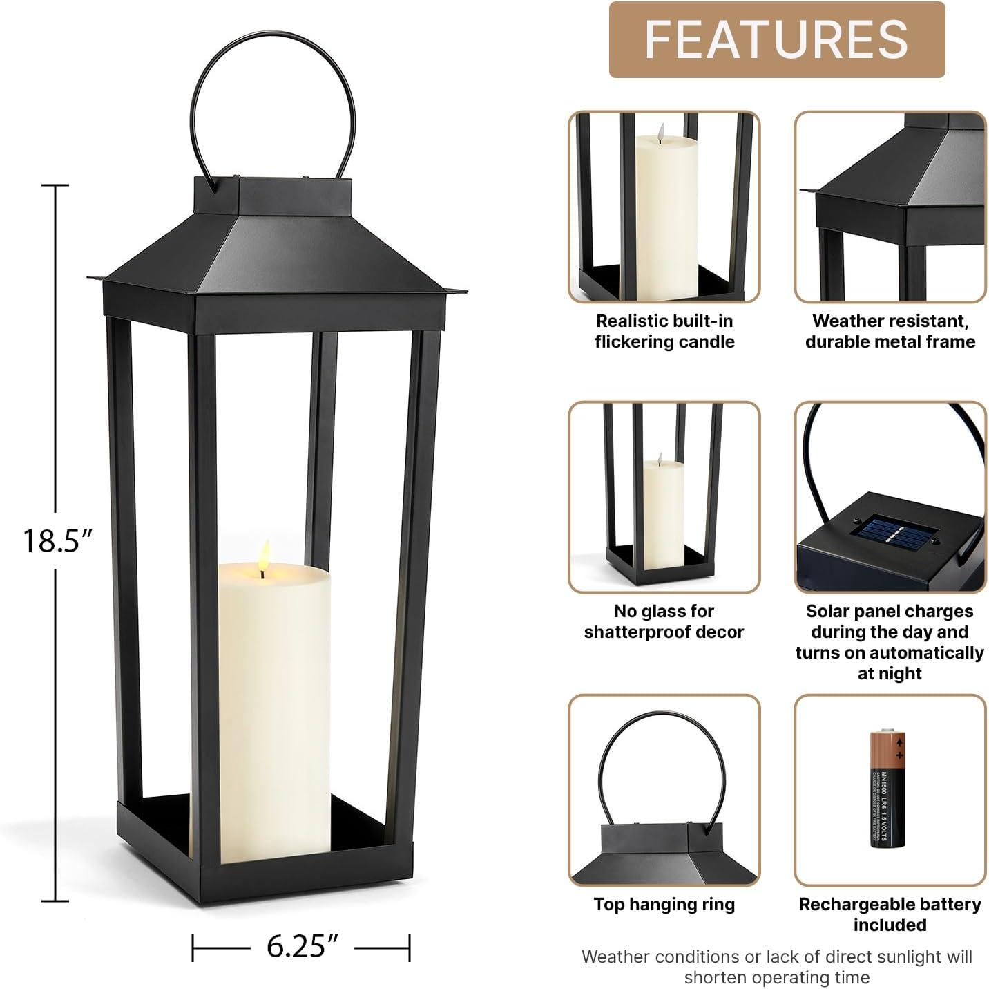 Large Black Metal Solar Powered Outdoor Lantern with LED Candle