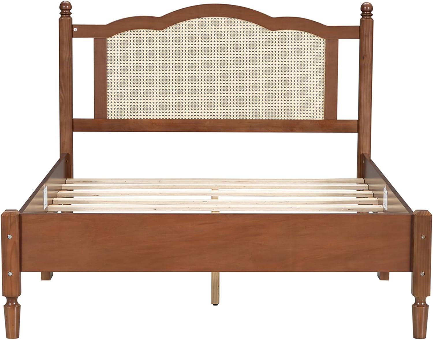 Full-Size Wooden Platform Bed with Natural Rattan Headboard, Mid-Century Modern Bed Frame for Bedroom Guest Room, Slats Support Bed Mattress Foundation No Box Spring Needed & Easy Assemble