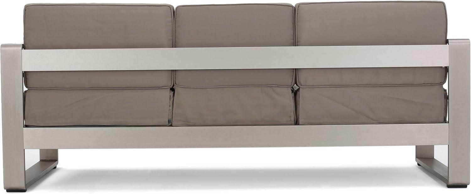 GDFStudio William Outdoor Aluminum 3 Seater Loveseat Sofa with Tray, Silver/Light Gray