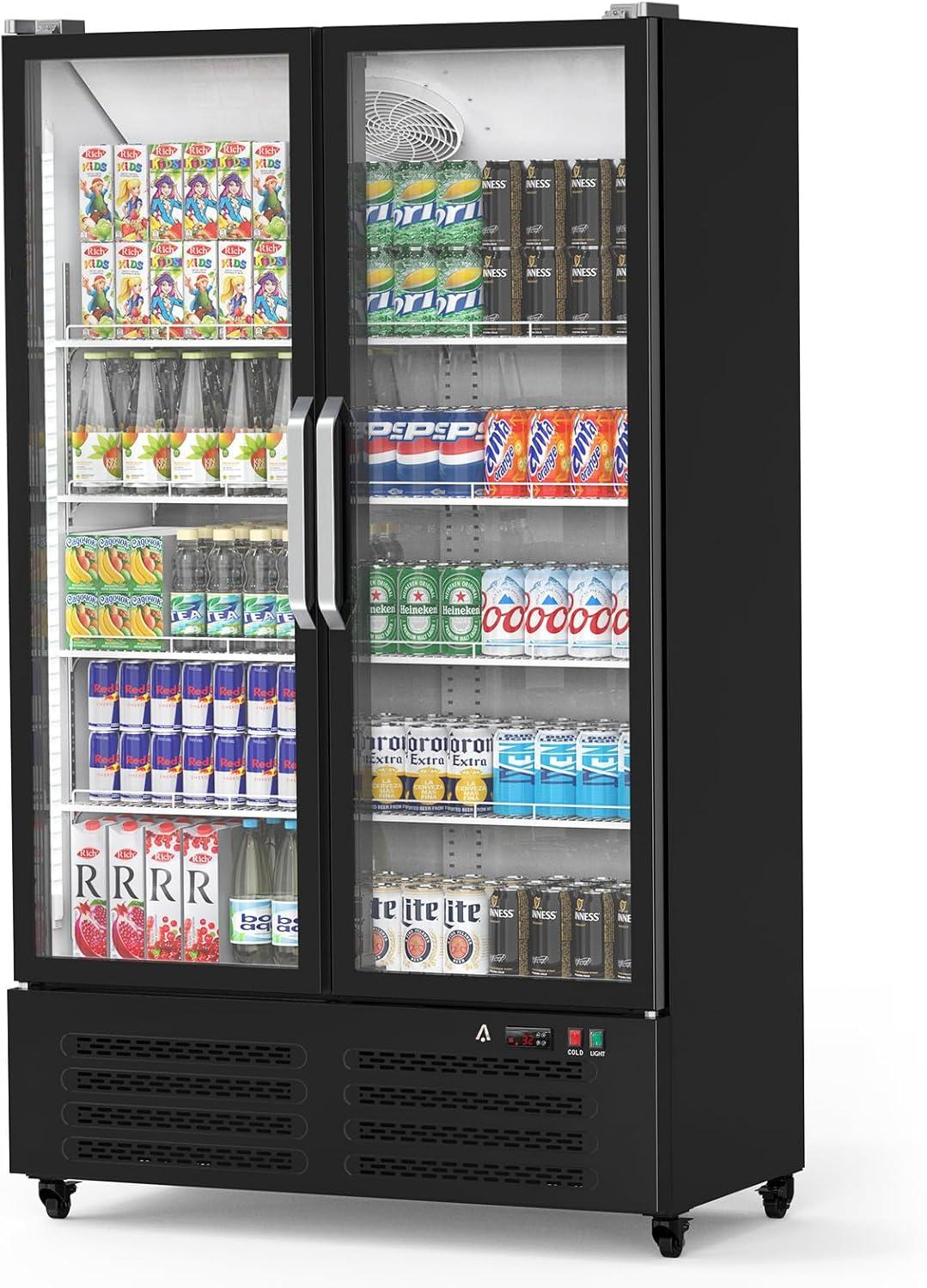 Aoile Commercial Display Refrigerator 25.5 Cu.Ft, Double Glass Door Upright Merchandiser Beverage Cooler with Wheels & LED Lighting