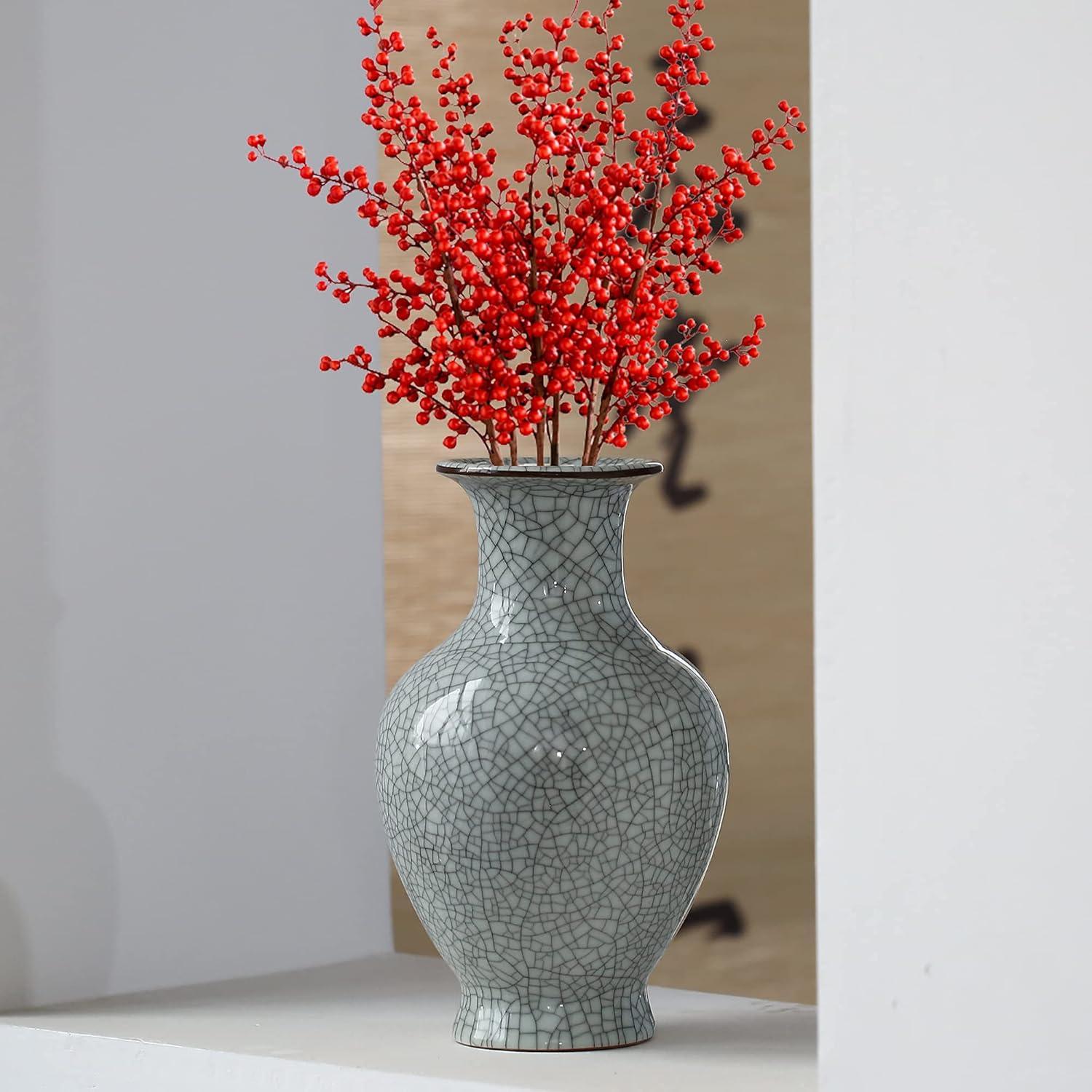 Green Ceramic Vase for Home Decor, Rustic Oriental Vases, Glazed Decorative Farmhouse Vase for Mantel, Table, Bookshelf, Living Room Decoration(Green)