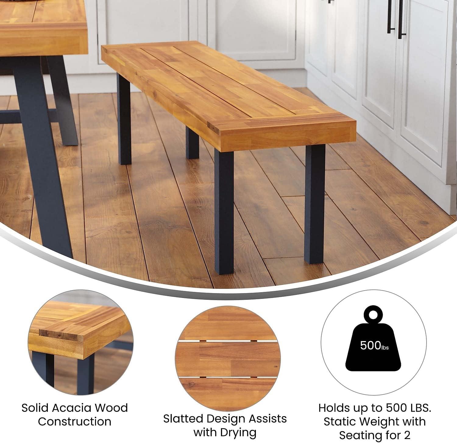 Flash Furniture Martindale Solid Acacia Wood Patio Dining Bench for 2 with Slatted Top and Black Flared Wooden Legs in a Natural Finish