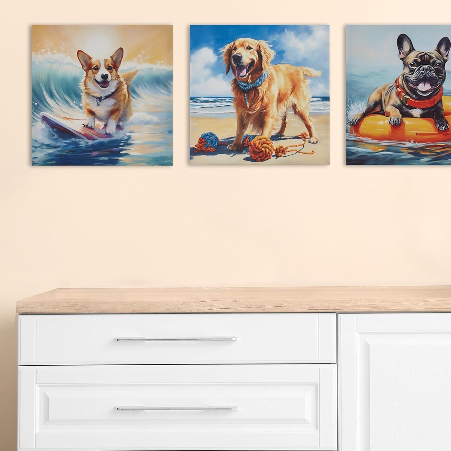 Madison Park 16"x16" Beach Playful Lively Dogs Print Canvas Wall Decor Art Corgi Blue: Farmhouse Style, Animal Theme for Living Room