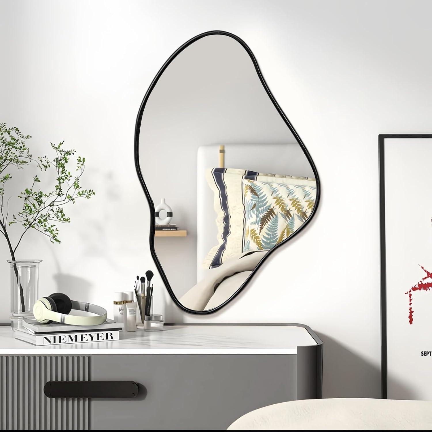 Funtouch Irregular Wall Mirrors 24"x 36" Cloud Shaped Mirrors for Bathroom, Aluminum Alloy Frame Black