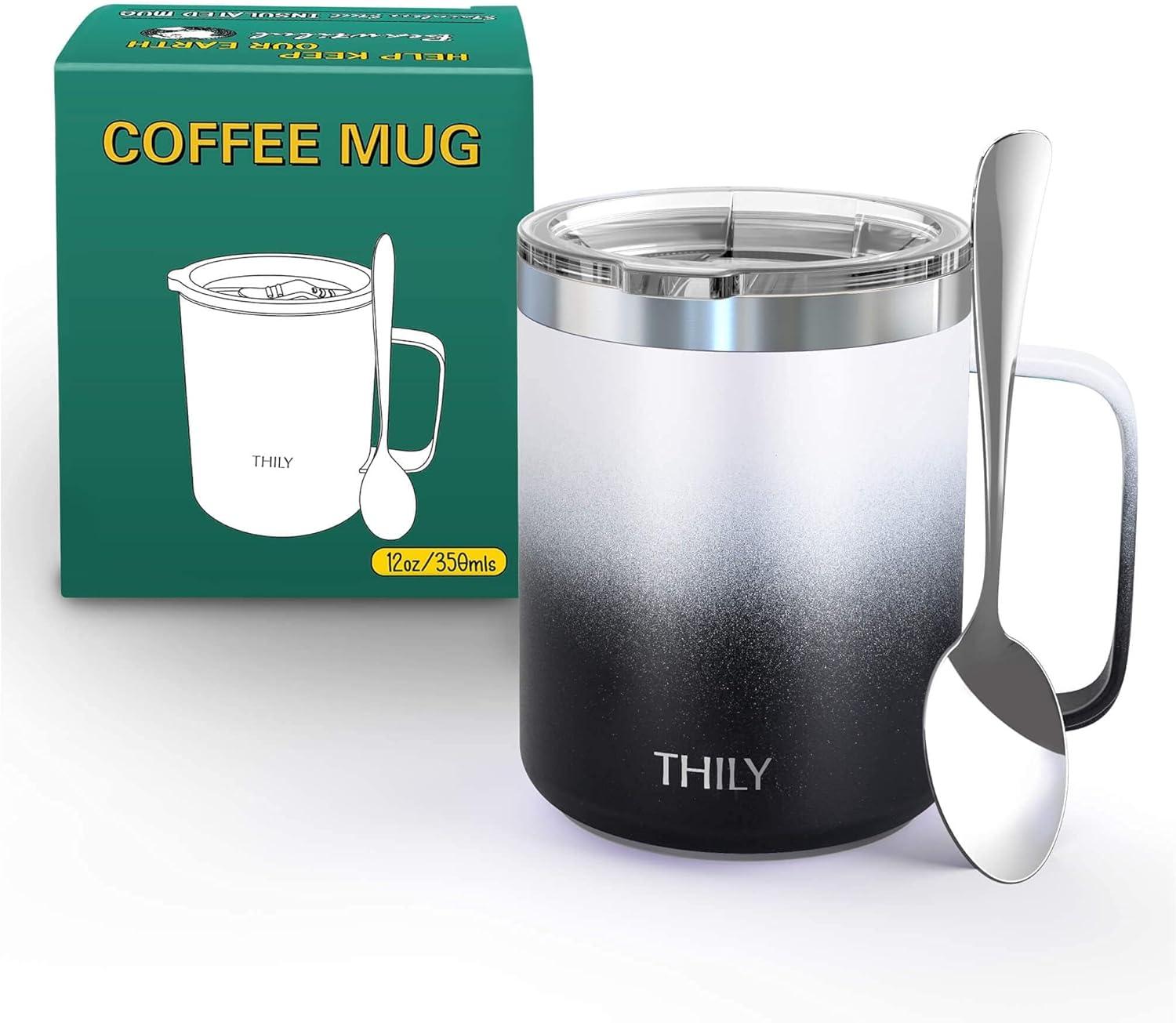 Vacuum Insulated Travel 12 oz Coffee Mug with Handle, THILY Stainless Steel Cup with Spill-Proof Lid, Keep Coffee Cold, Great for Camping, White Marble