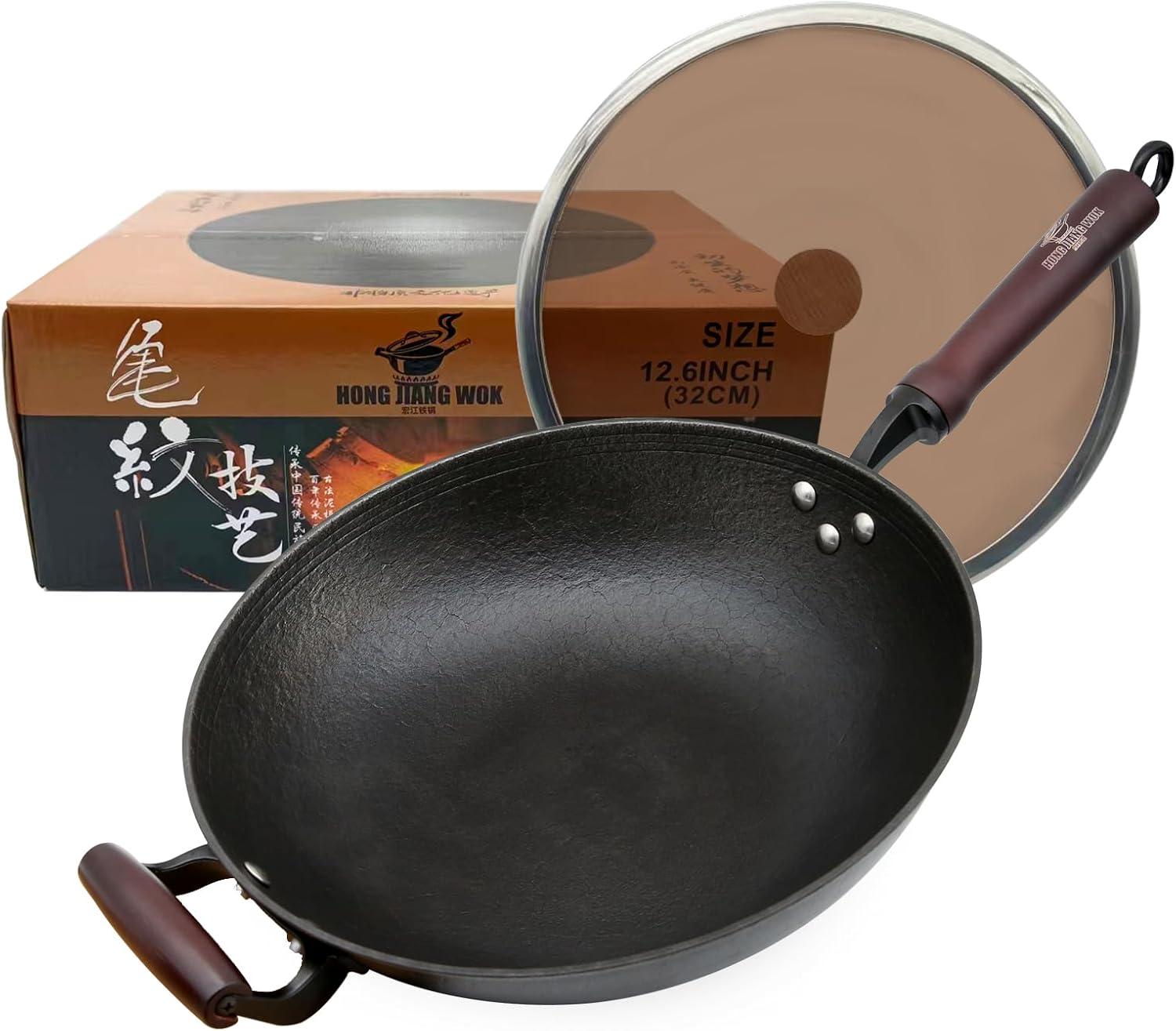 12.6" Handmade Cast Iron Wok - Wooden Lid & Handle, Flat Bottom Pan for All Stoves