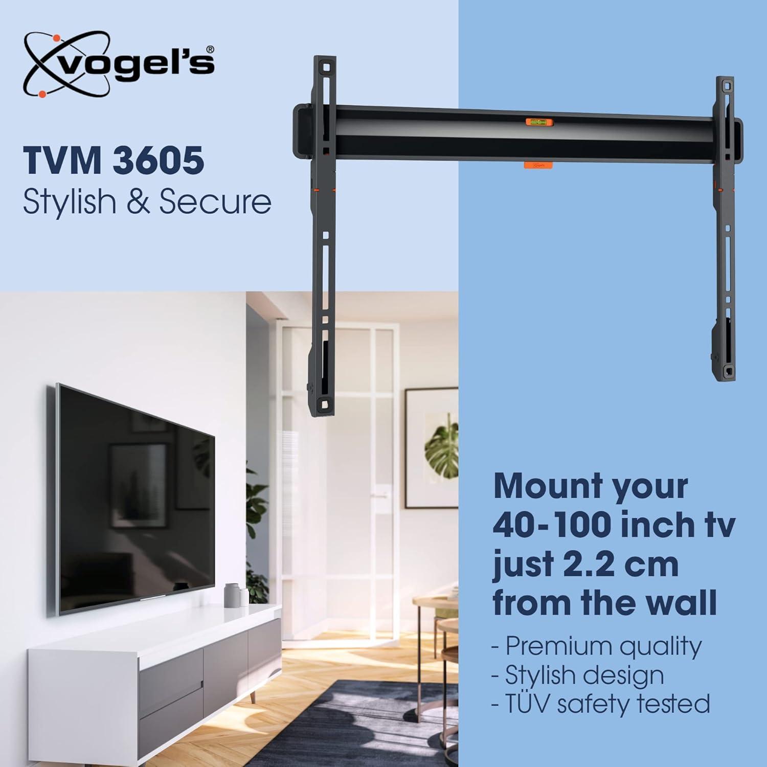 Vogel's TVM 3605 Fixed TV Wall Bracket for 40-100 inch TVs, Max. 165 lbs (75 kg), Flat TV Wall Mount max. VESA 600x400, Universal Compatibility, Distance to The Wall just 0.87 inch